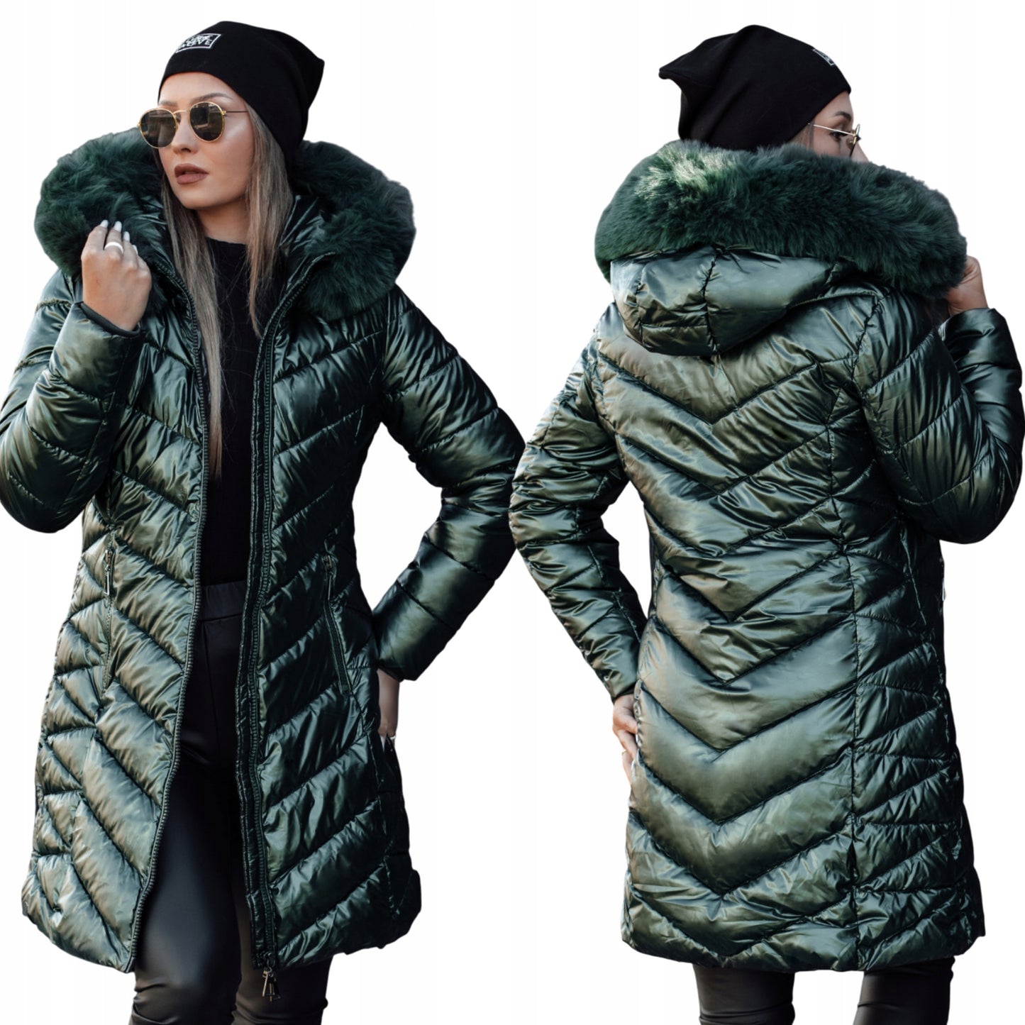 Dyguota moteriška žieminė striukė su gobtuvu, žalia TY4591 - S