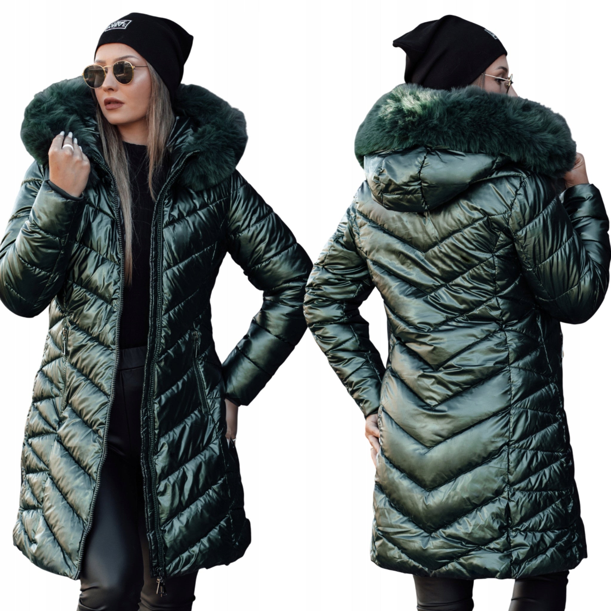 Dyguota moteriška žieminė striukė su gobtuvu, žalia TY4591 - S