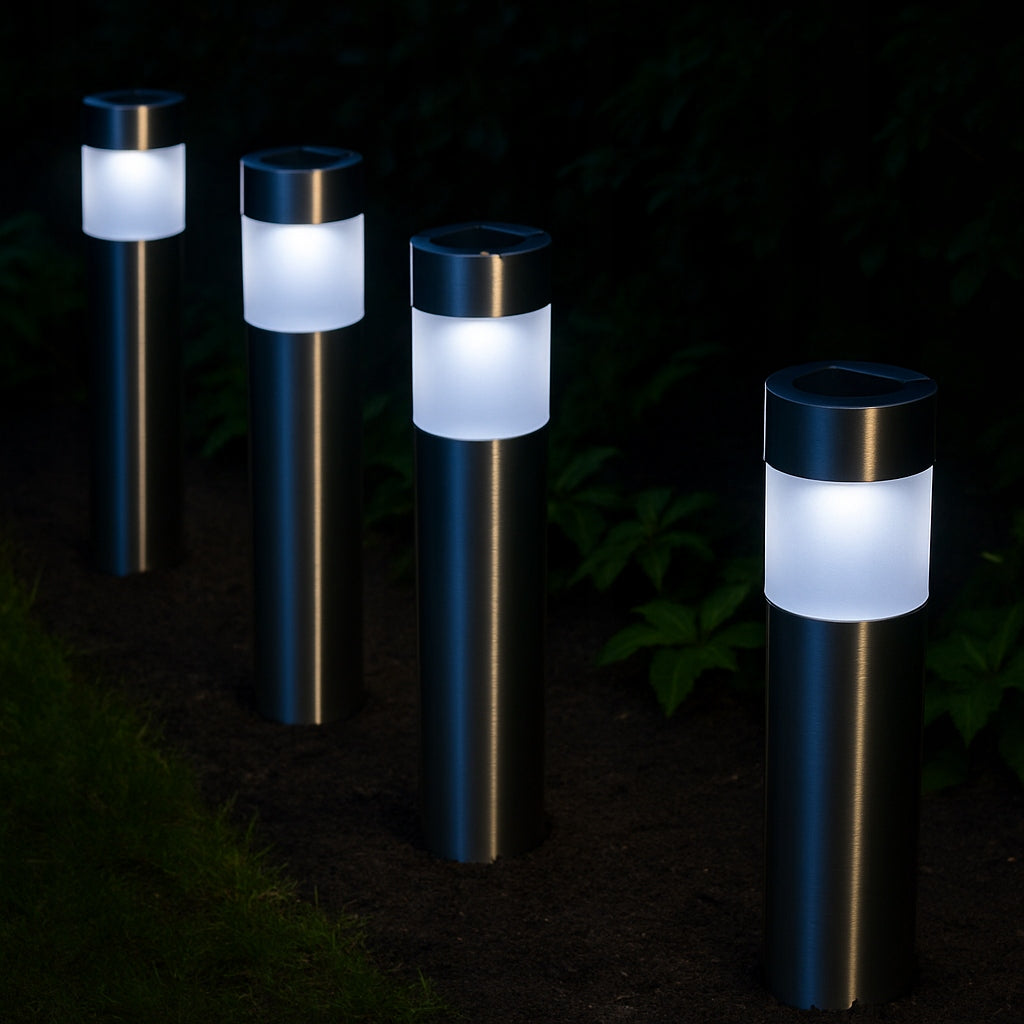 Saulės šviestuvas sodo įsmeigiamas 4 vnt. sidabrinis su sutemų jutikliu sodui