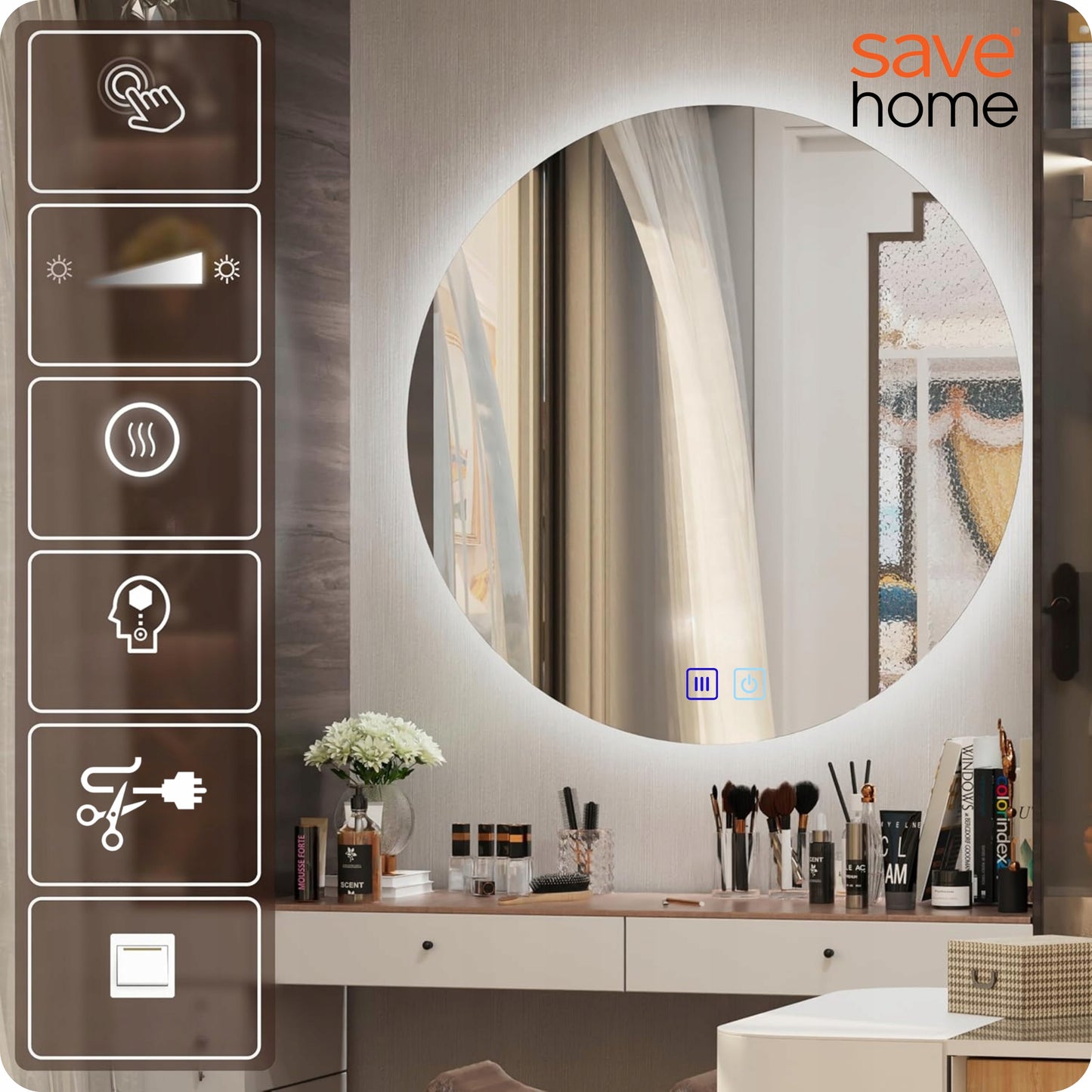 Apvalus 60 cm LED vonios veidrodis su lietimo jungikliu, apsauga nuo rasojimo ir 3 spalvų apšvietimu.