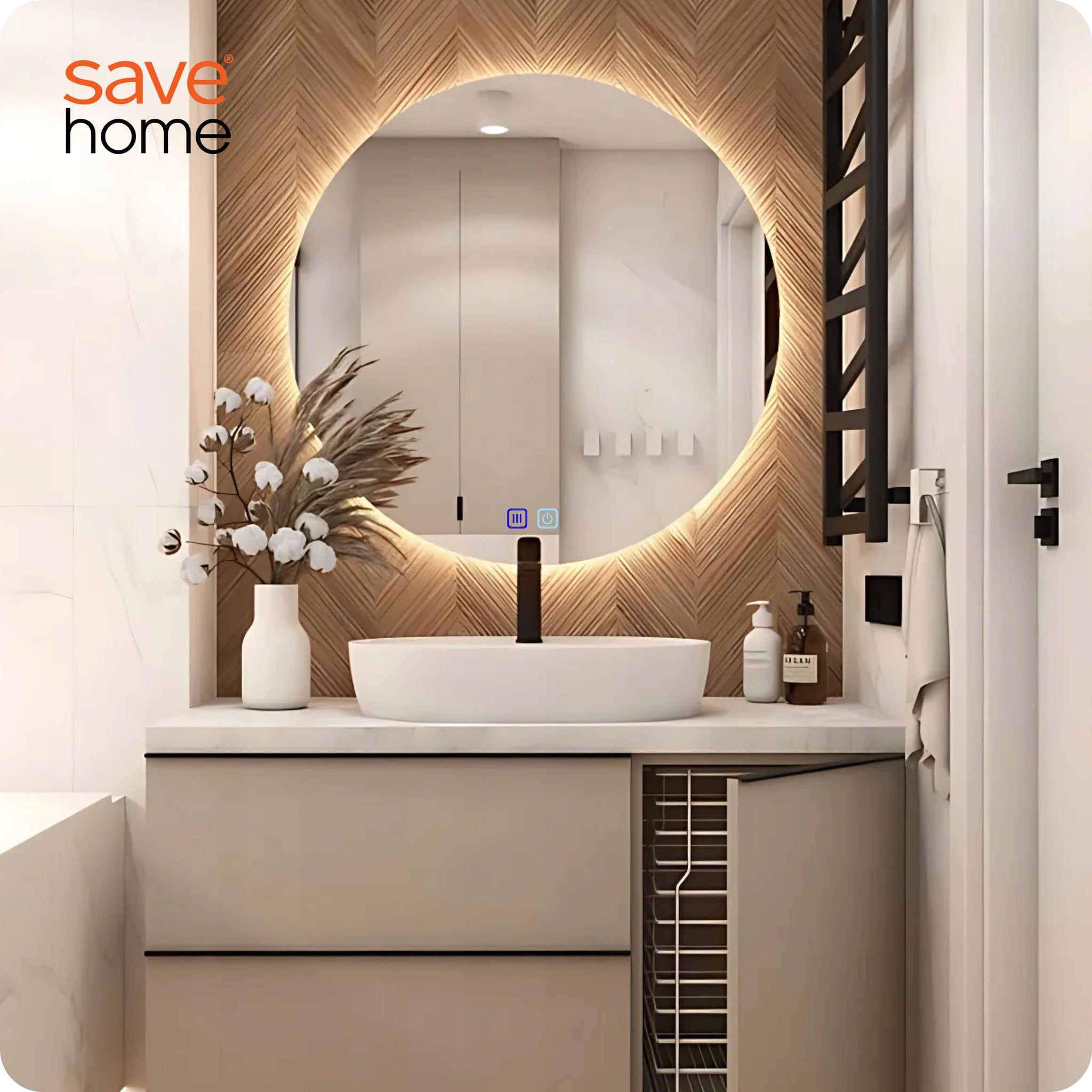 Apvalus 60 cm LED vonios veidrodis su lietimo jungikliu, apsauga nuo rasojimo ir 3 spalvų apšvietimu.