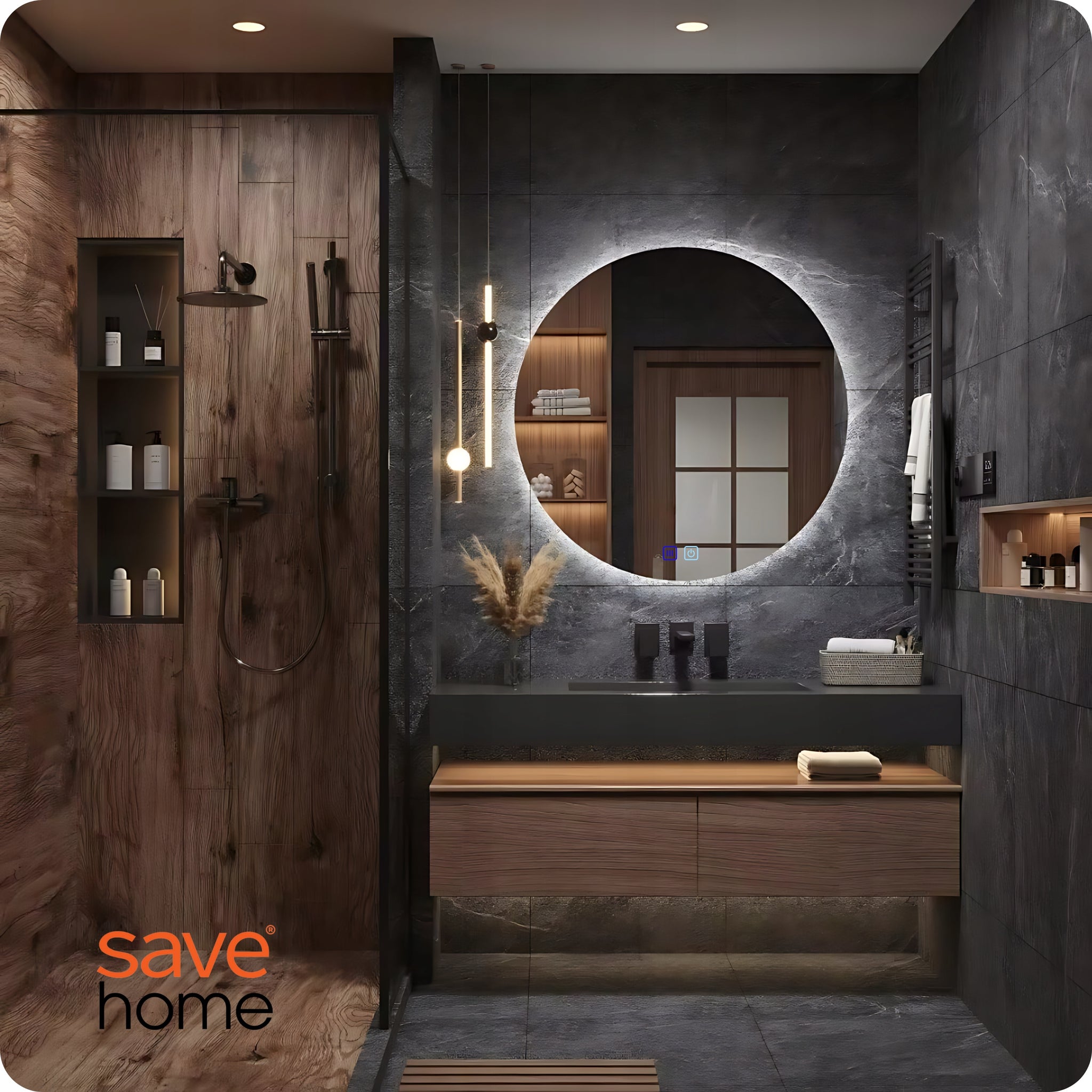 Apvalus 60 cm LED vonios veidrodis su lietimo jungikliu, apsauga nuo rasojimo ir 3 spalvų apšvietimu.