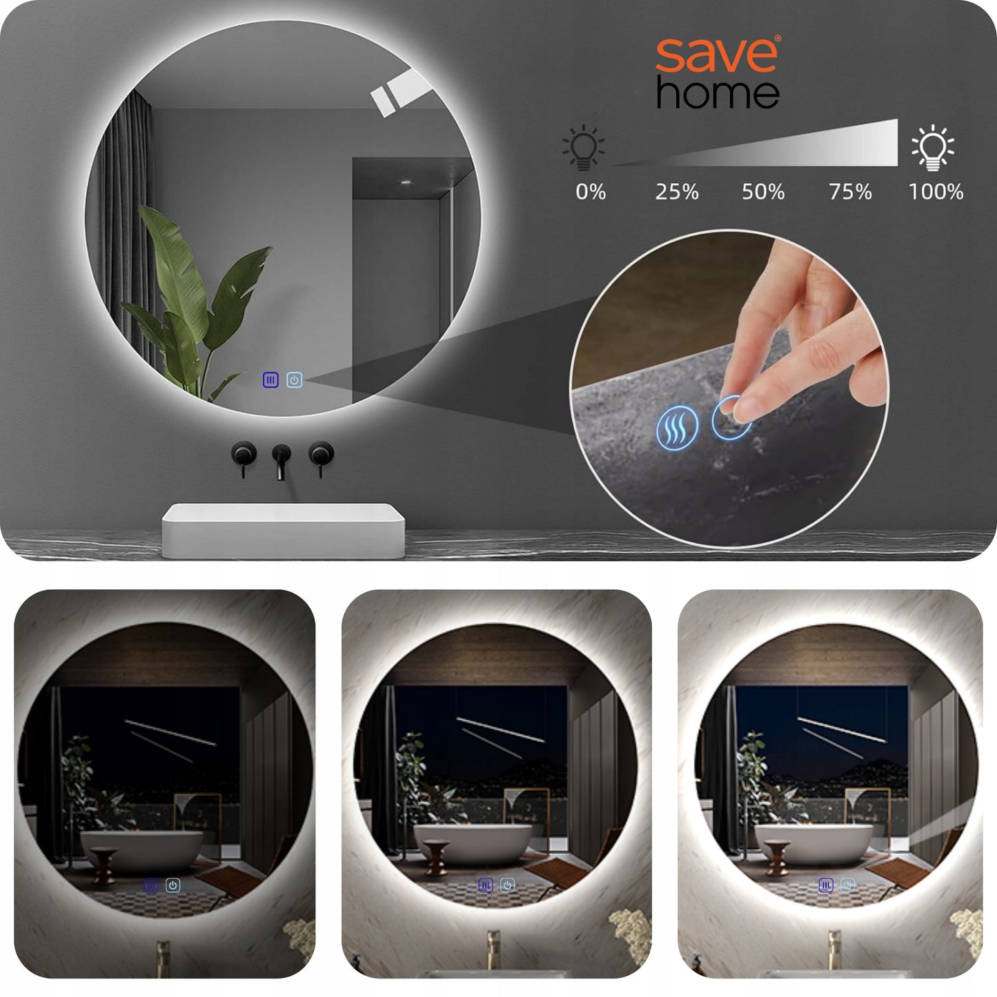 Apvalus 60 cm LED vonios veidrodis su lietimo jungikliu, apsauga nuo rasojimo ir 3 spalvų apšvietimu.