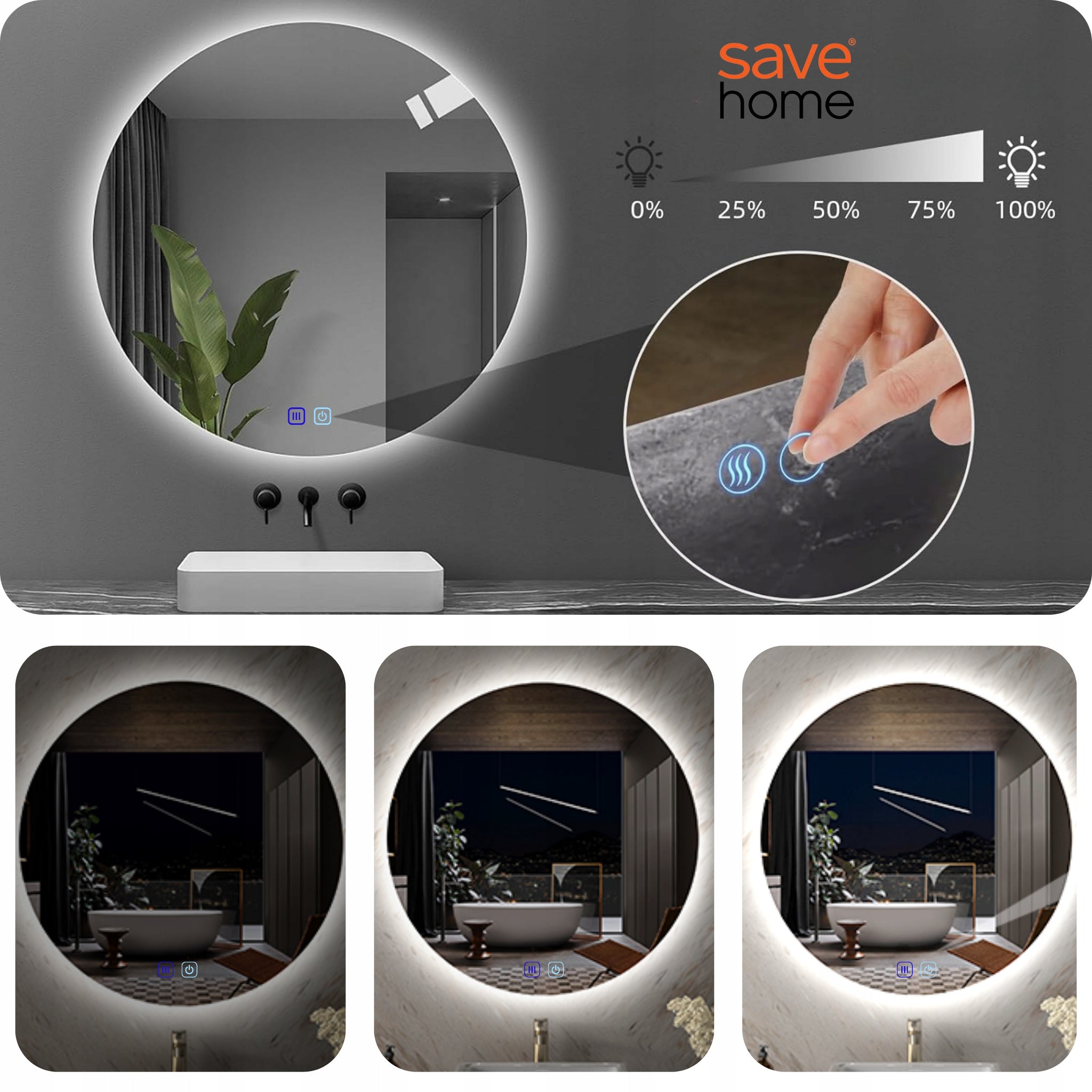 Apvalus 60 cm LED vonios veidrodis su lietimo jungikliu, apsauga nuo rasojimo ir 3 spalvų apšvietimu.