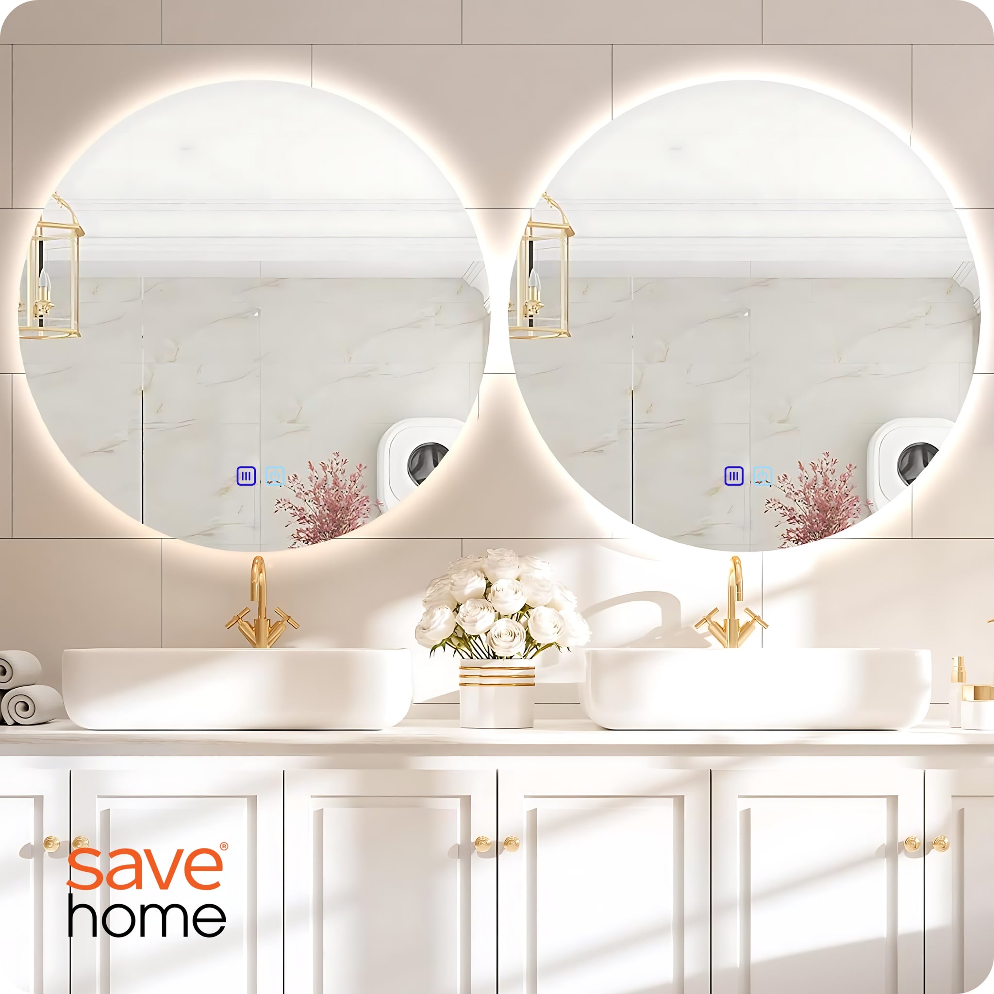 Apvalus 60 cm LED vonios veidrodis su lietimo jungikliu, apsauga nuo rasojimo ir 3 spalvų apšvietimu.