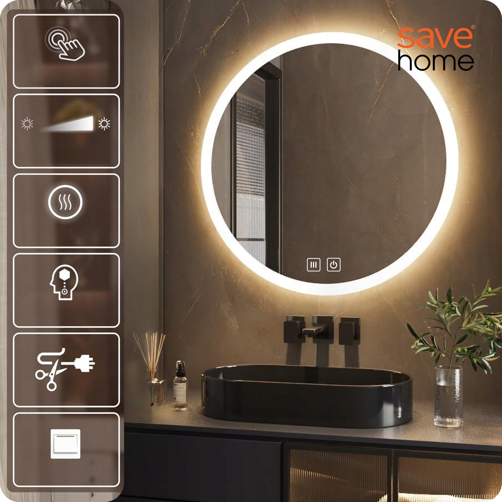 LED VONIOS VEIDRODIS 80 CM APVALUS APŠVIESTAS LIEČIAMASIS NE RASO 3 SPALVOS