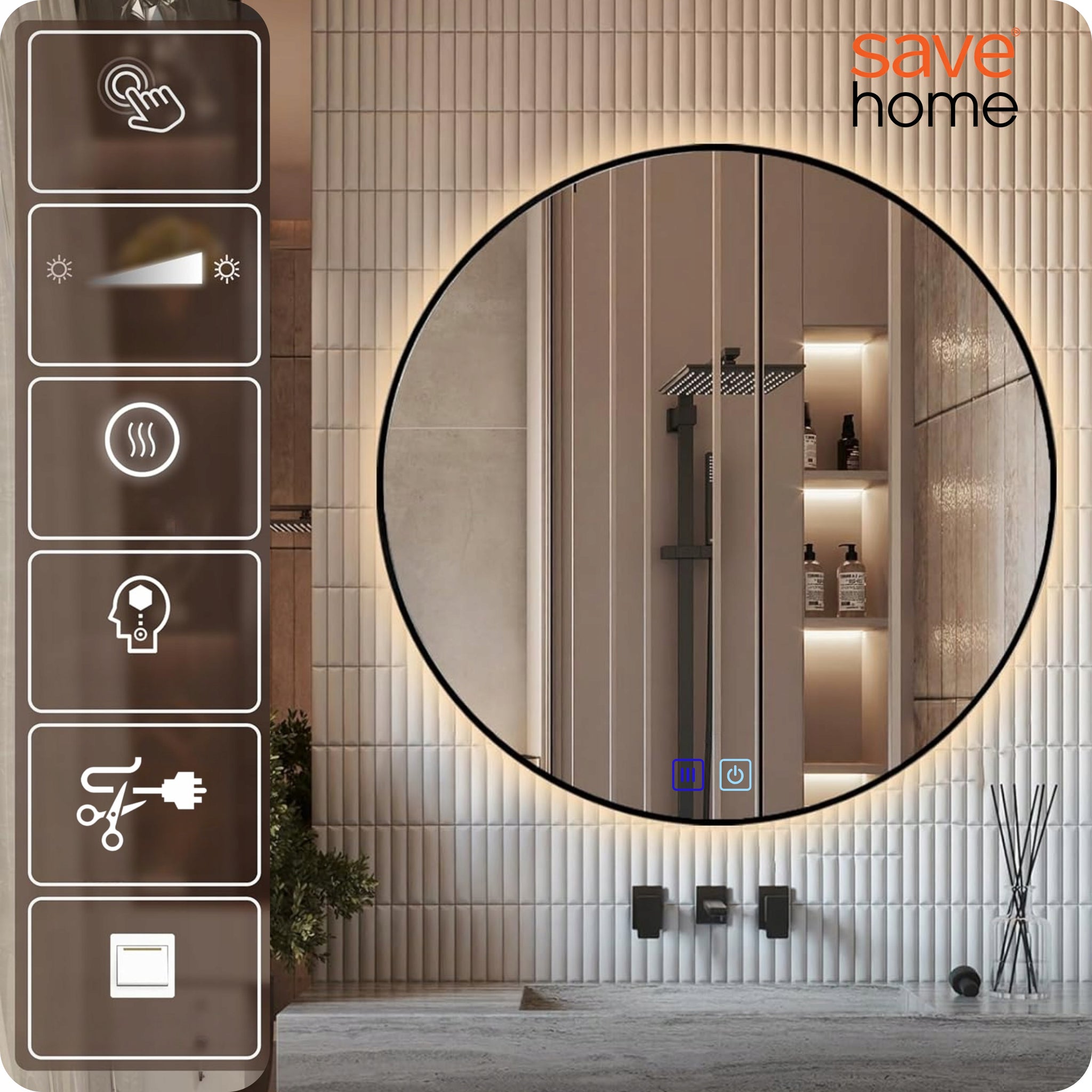 LED VONIOS VEIDRODIS 80 CM APVALUS APŠVIESTAS LIEČIAMASIS NE RASO 3 SPALVOS