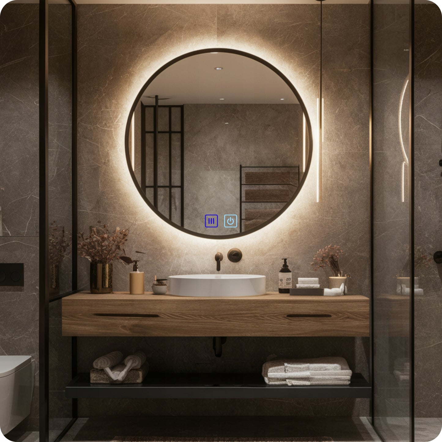 LED VONIOS VEIDRODIS 80 CM APVALUS APŠVIESTAS LIEČIAMASIS NE RASO 3 SPALVOS