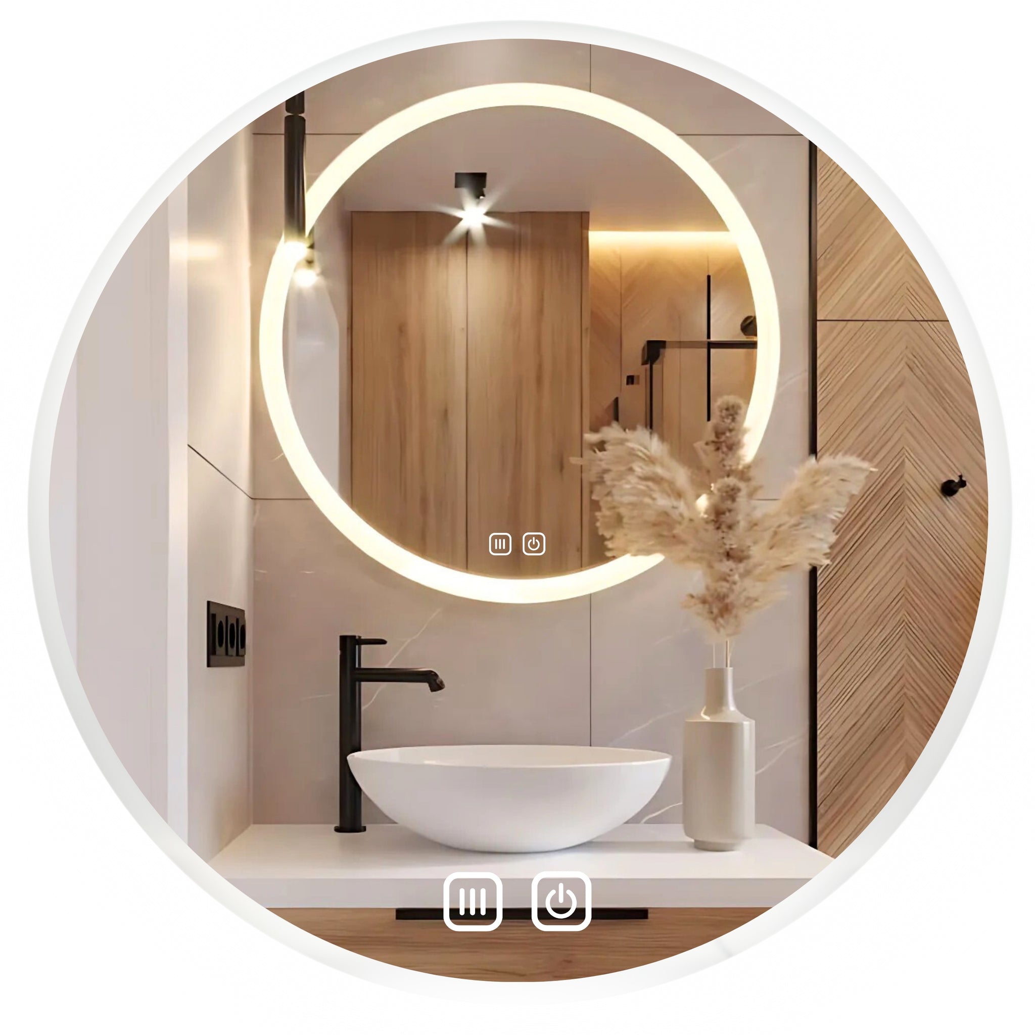 LED VONIOS VEIDRODIS 80 CM APVALUS APŠVIESTAS LIEČIAMASIS NE RASO 3 SPALVOS