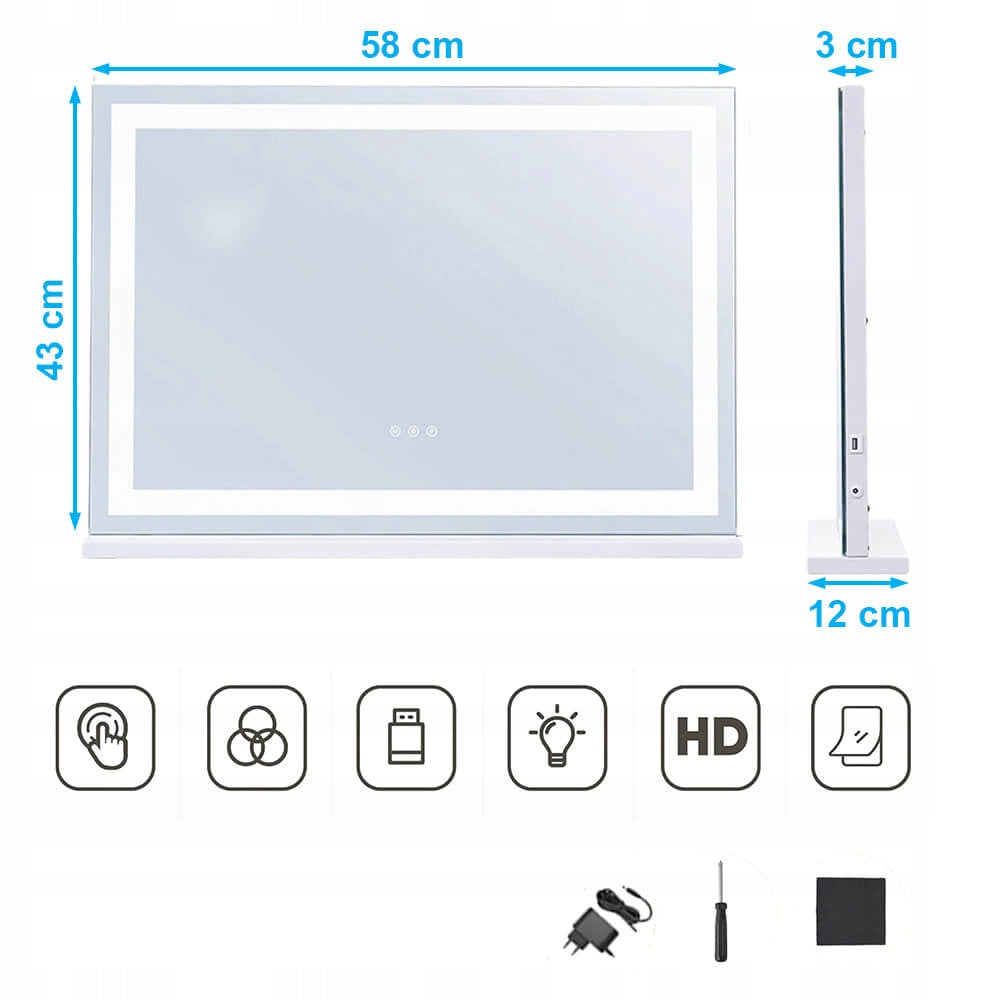 Tualetinis veidrodis su LED apšvietimu 58x43 cm, Holivudo stiliaus veidrodis su USB apšvietimu