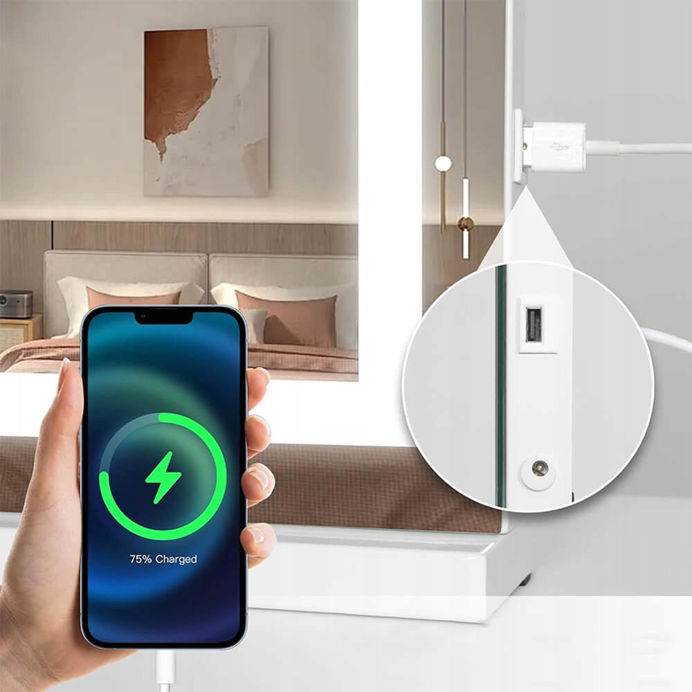 Tualetinis veidrodis su LED apšvietimu 58x43 cm, Holivudo stiliaus veidrodis su USB apšvietimu