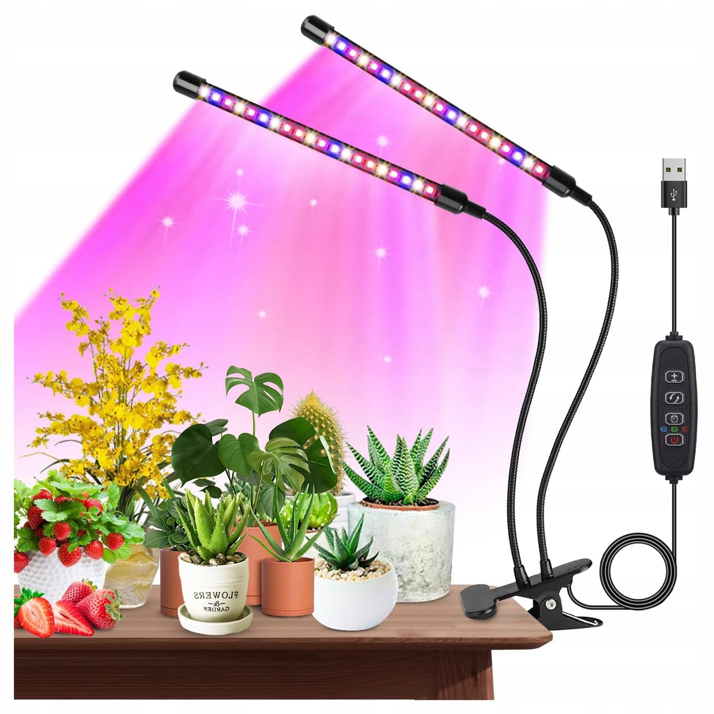 LED lempa augalų auginimui, laikmatis, USB, klipsas, dviguba, judama