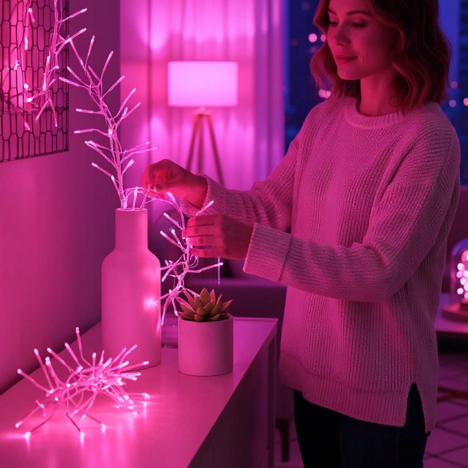 Kalėdinės lemputės 288 LED, guminio tipo, Cluster, rožinės, 2 m, KALĖDINĖ DEKORACIJA