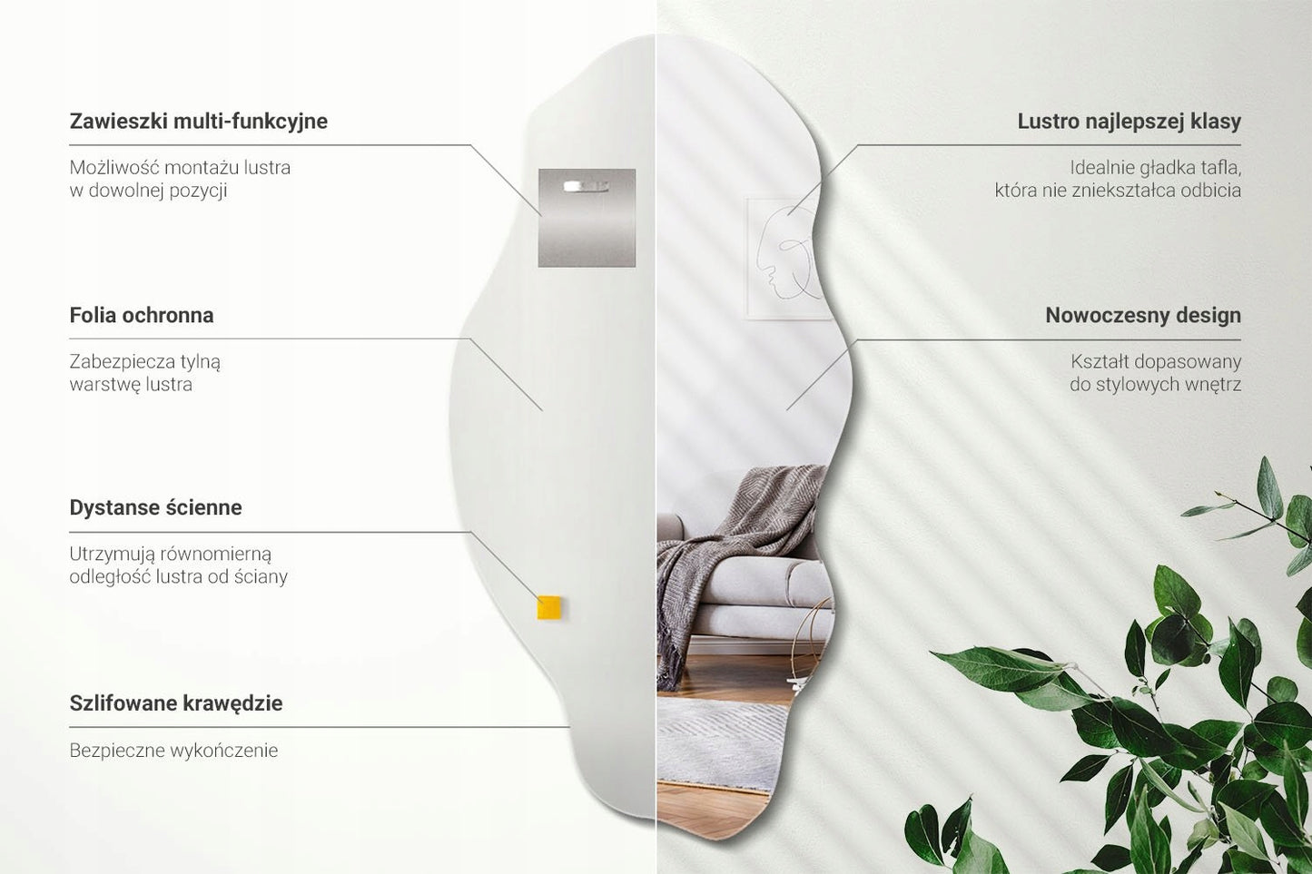 Dekoratyvus veidrodis, netaisyklingos formos, universalus, vertikalus, horizontalus, Premium