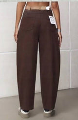 M.SARA Moteriškos džinsinės kelnės "Balloon", rudos, šokolado spalvos, aukštas juosmuo, 34/XS