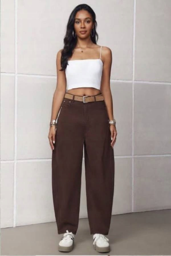 M.SARA Moteriškos džinsinės kelnės "Balloon", rudos, šokolado spalvos, aukštas juosmuo, 34/XS