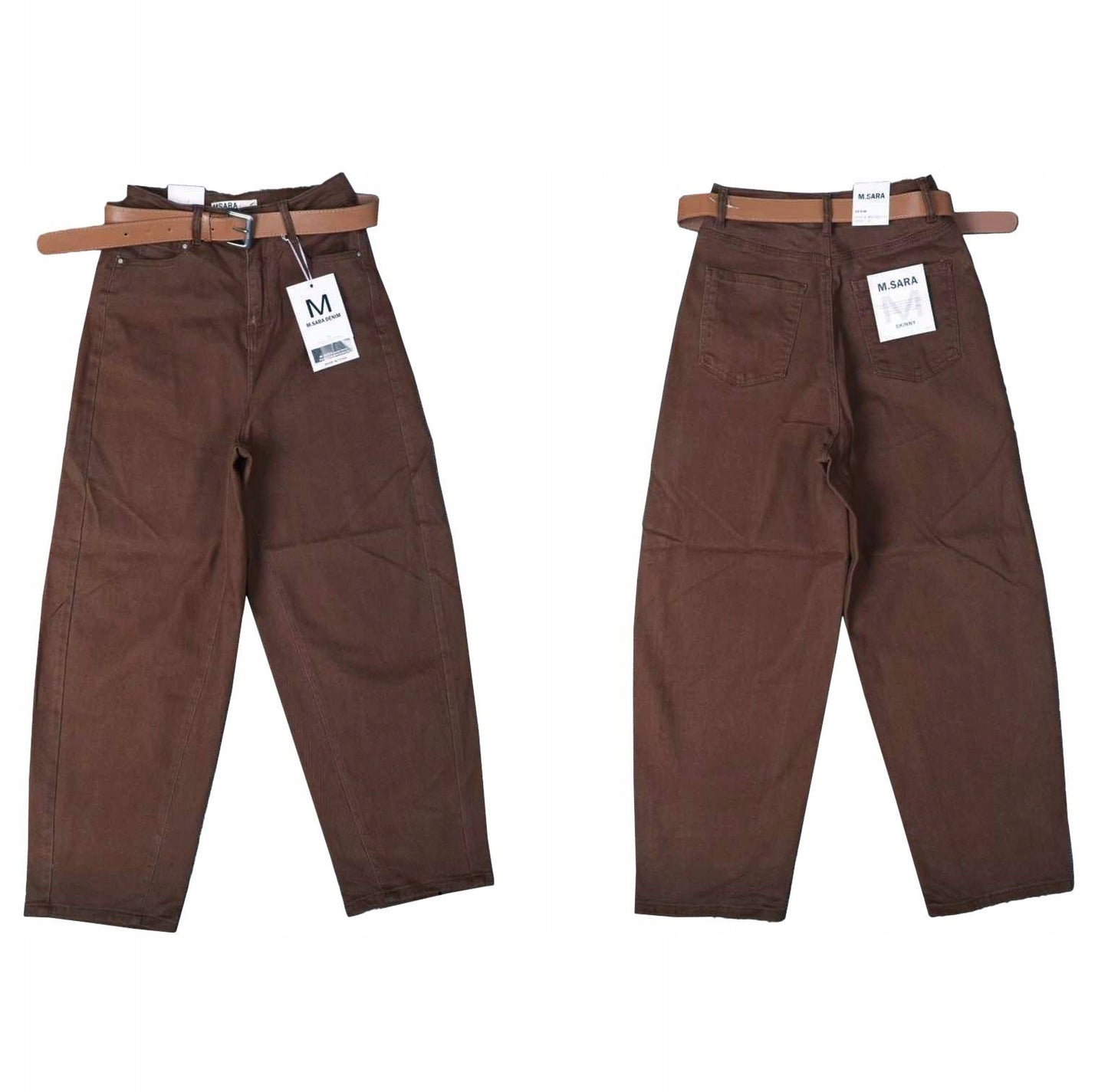 M.SARA Moteriškos džinsinės kelnės "Balloon", rudos, šokolado spalvos, aukštas juosmuo, 34/XS