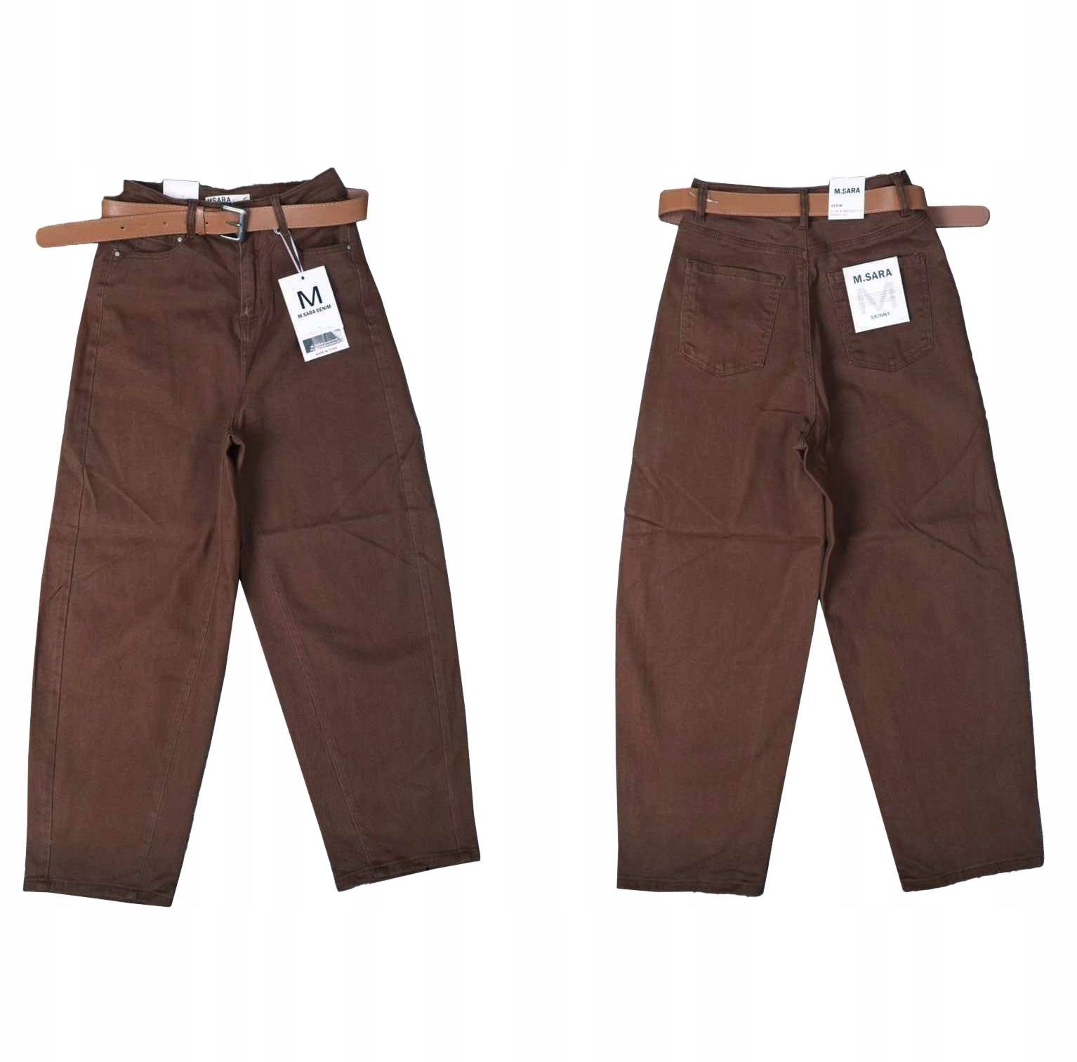 M.SARA Moteriškos džinsinės kelnės "Balloon", rudos, šokolado spalvos, aukštas juosmuo, 34/XS