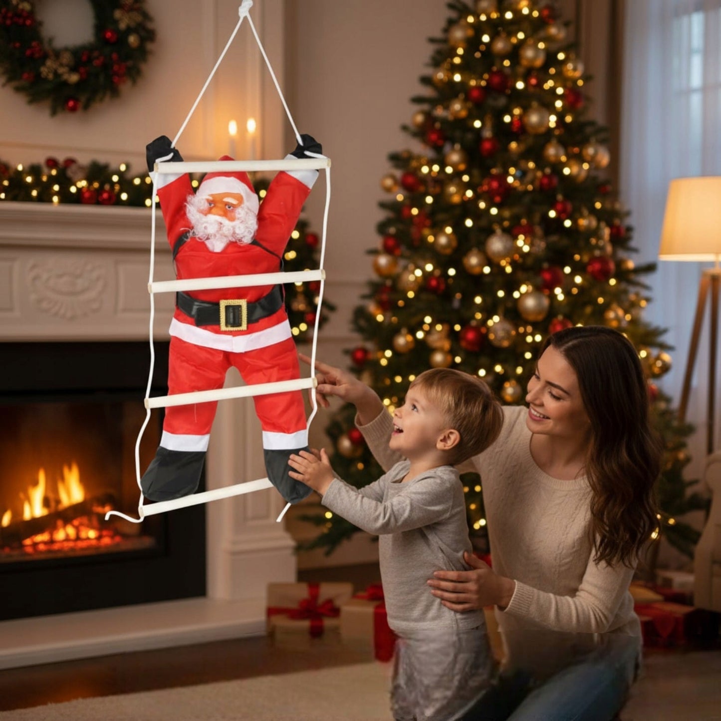 Kalėdų senelis ant kopėčių, lipantis, 60cm Kalėdinė dekoracija