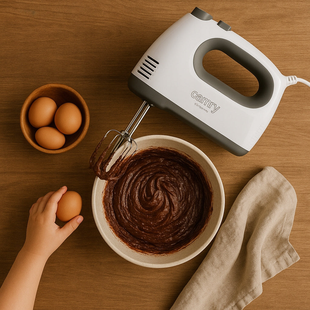 Rankinis maišytuvas 750W, 5 greičiai + TURBO, 4 ilgu 21cm plakimo šluotelių