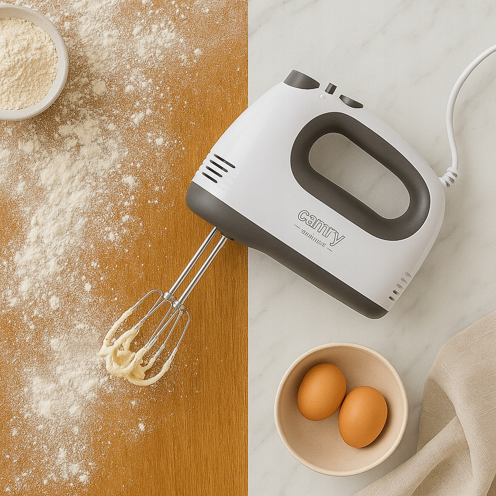 Rankinis maišytuvas 750W, 5 greičiai + TURBO, 4 ilgu 21cm plakimo šluotelių