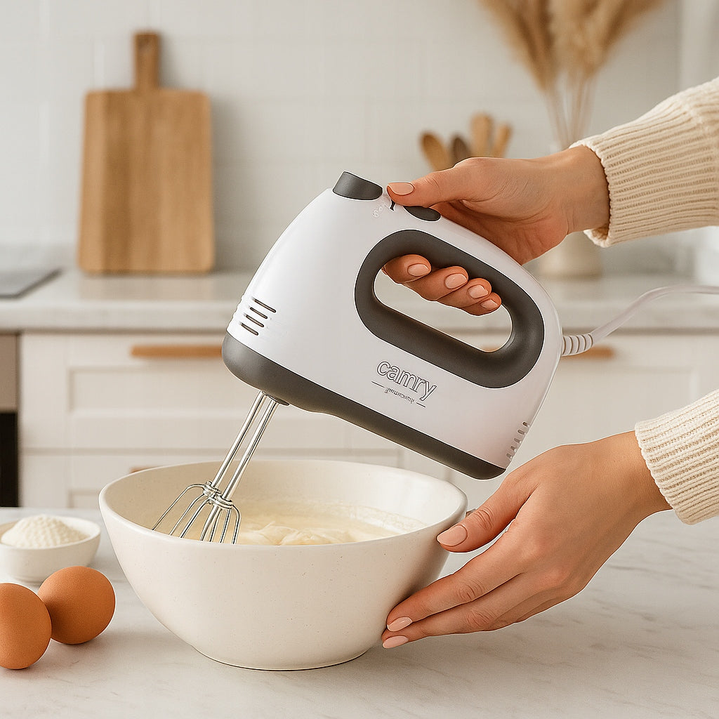 Rankinis maišytuvas 750W, 5 greičiai + TURBO, 4 ilgu 21cm plakimo šluotelių