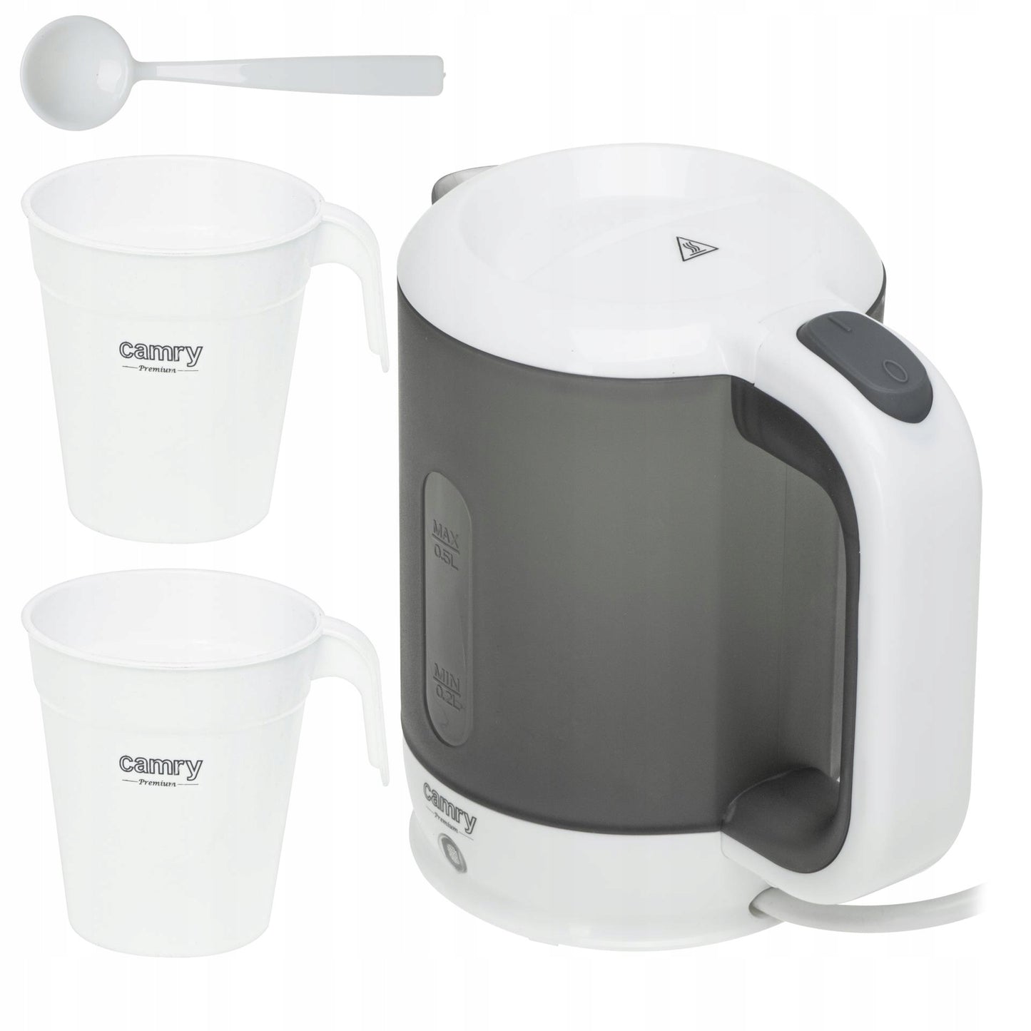 Mažas kelioninis elektrinis virdulys + 2 puodeliai ir šaukštelis, 500ml, 900W