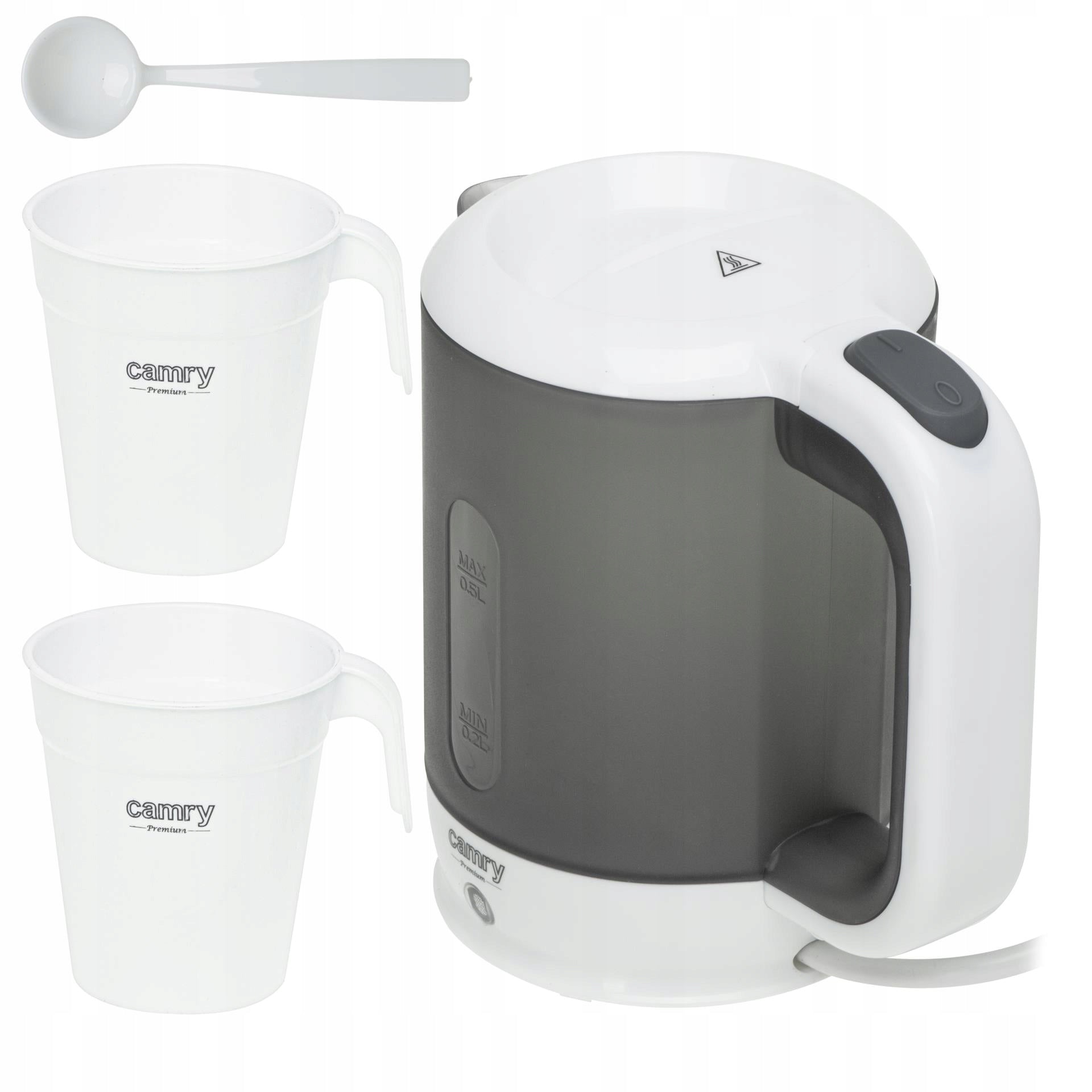 Mažas kelioninis elektrinis virdulys + 2 puodeliai ir šaukštelis, 500ml, 900W