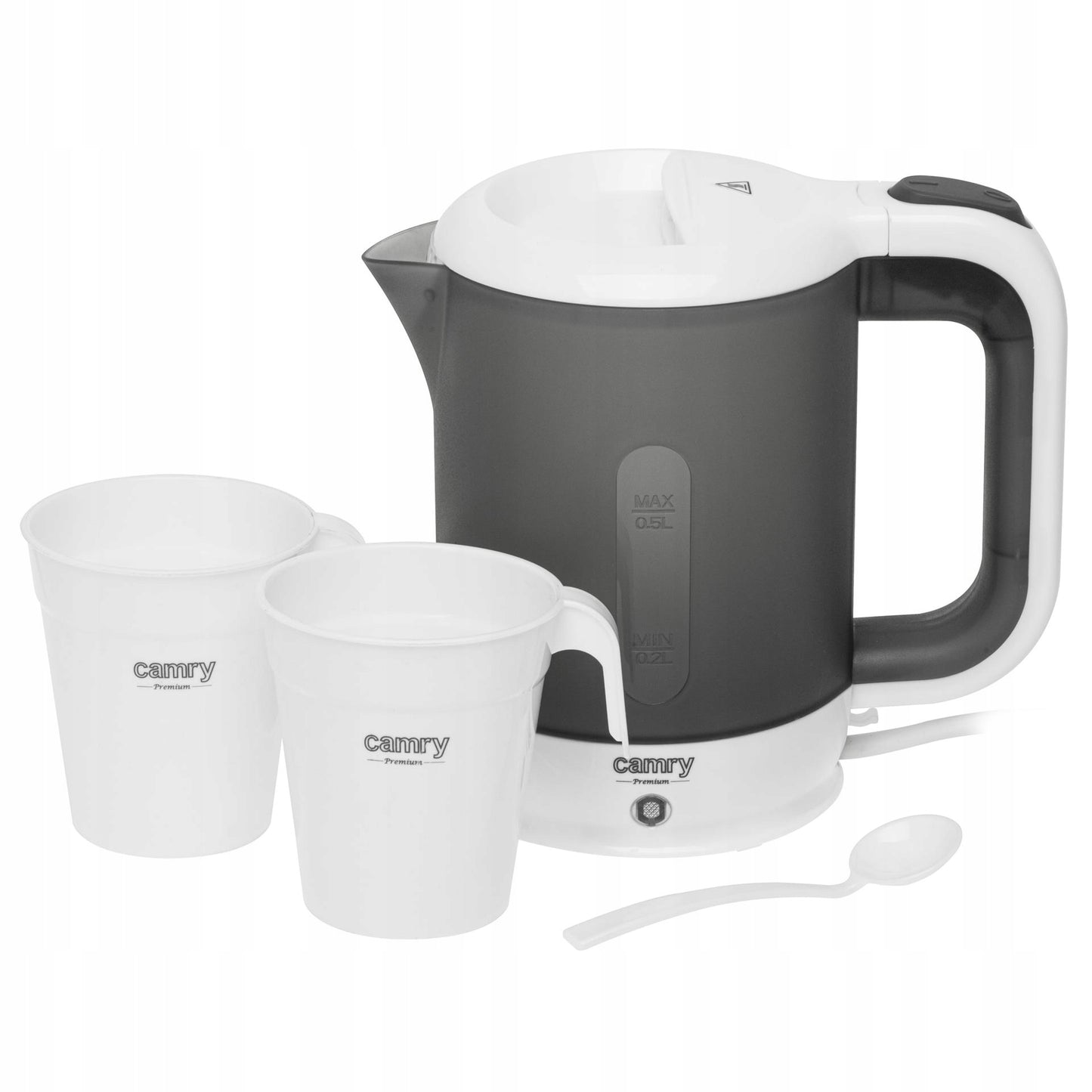 Mažas kelioninis elektrinis virdulys + 2 puodeliai ir šaukštelis, 500ml, 900W