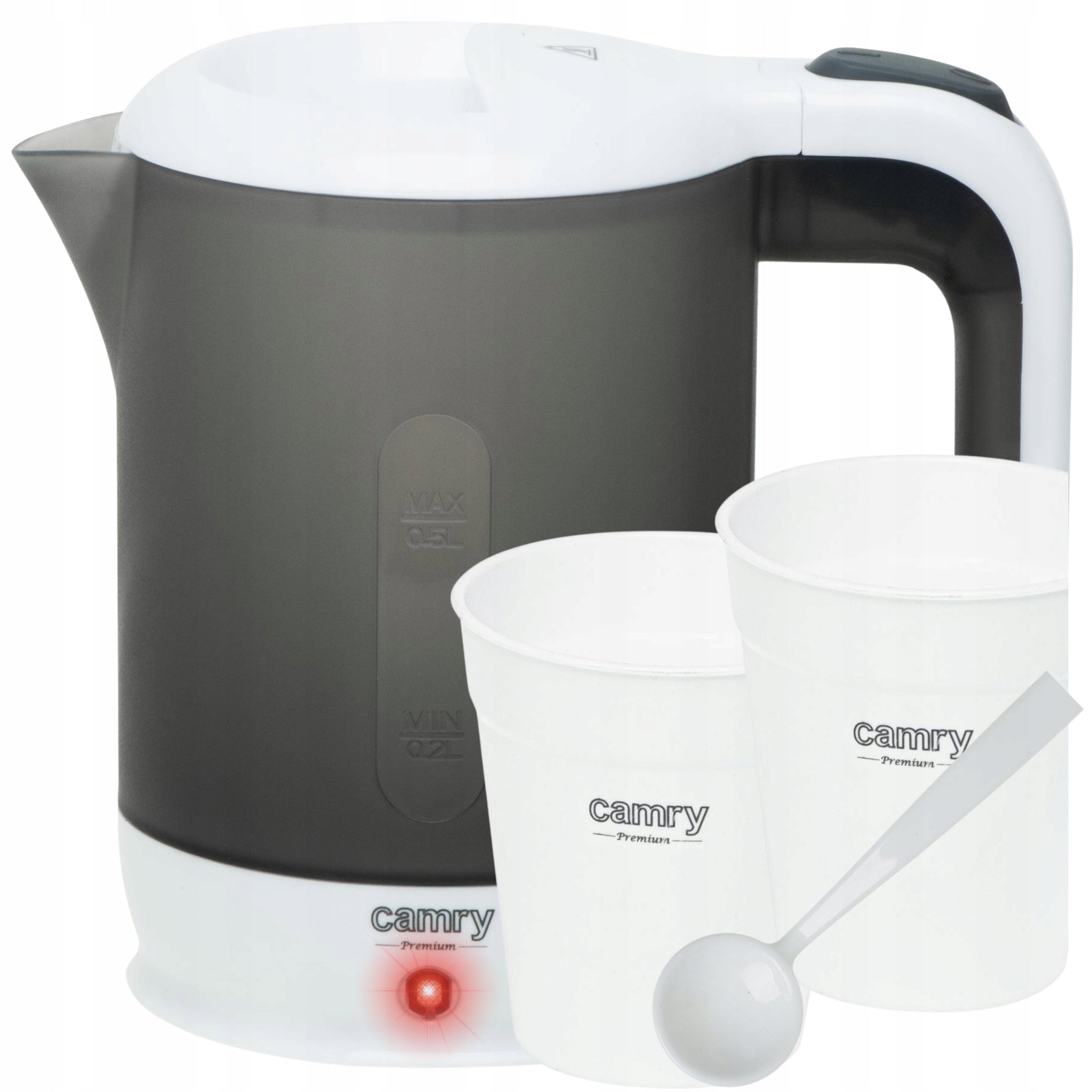 Mažas kelioninis elektrinis virdulys + 2 puodeliai ir šaukštelis, 500ml, 900W