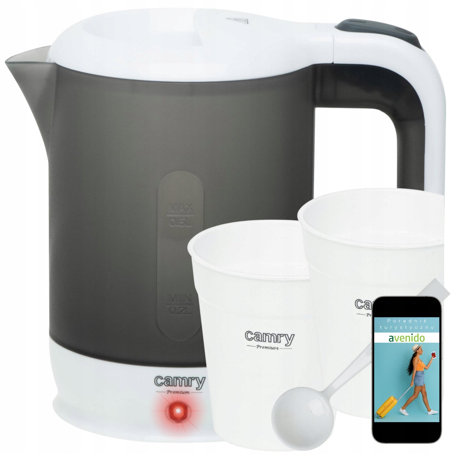 Mažas kelioninis elektrinis virdulys + 2 puodeliai ir šaukštelis, 500ml, 900W