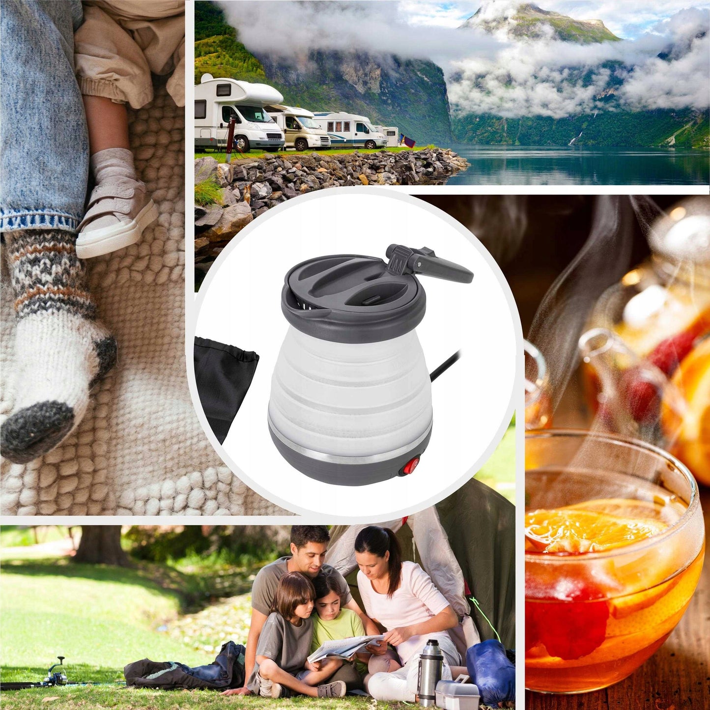 Mažas kelioninis sulankstomas elektrinis virdulys 600ml 0,6L 750W silikoninis