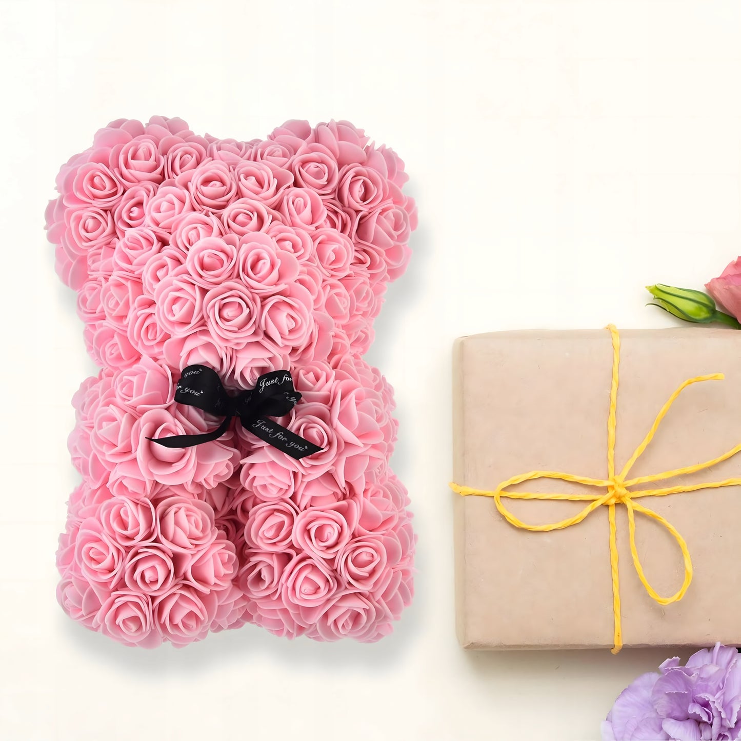 Meškiukas iš rožių LED dovana mamai, merginai, močiutei, amžina rožė, rinkinys 25 cm