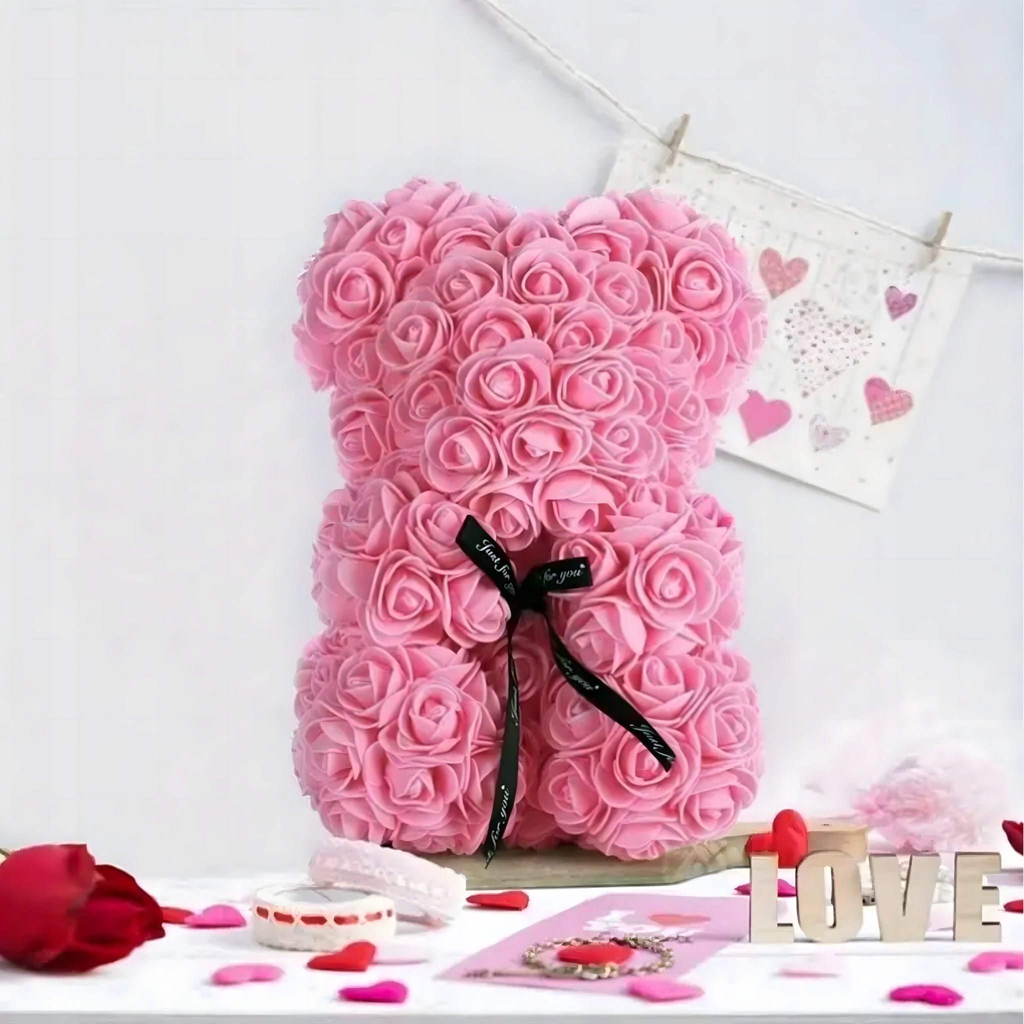 Meškiukas iš rožių LED dovana mamai, merginai, močiutei, amžina rožė, rinkinys 25 cm