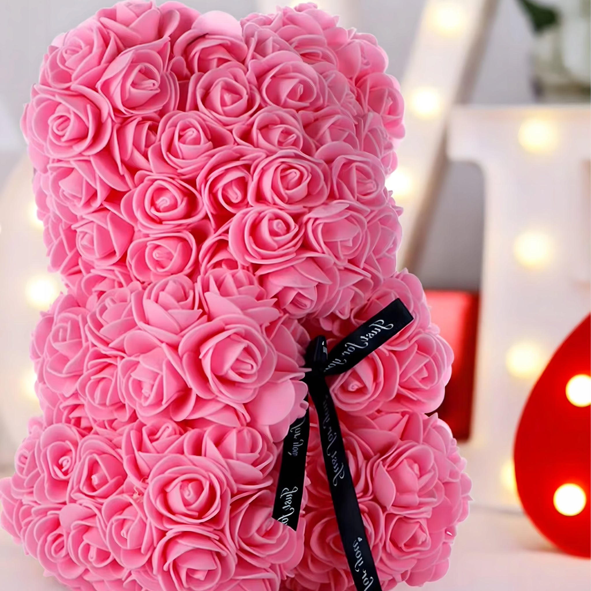 Meškiukas iš rožių LED dovana mamai, merginai, močiutei, amžina rožė, rinkinys 25 cm