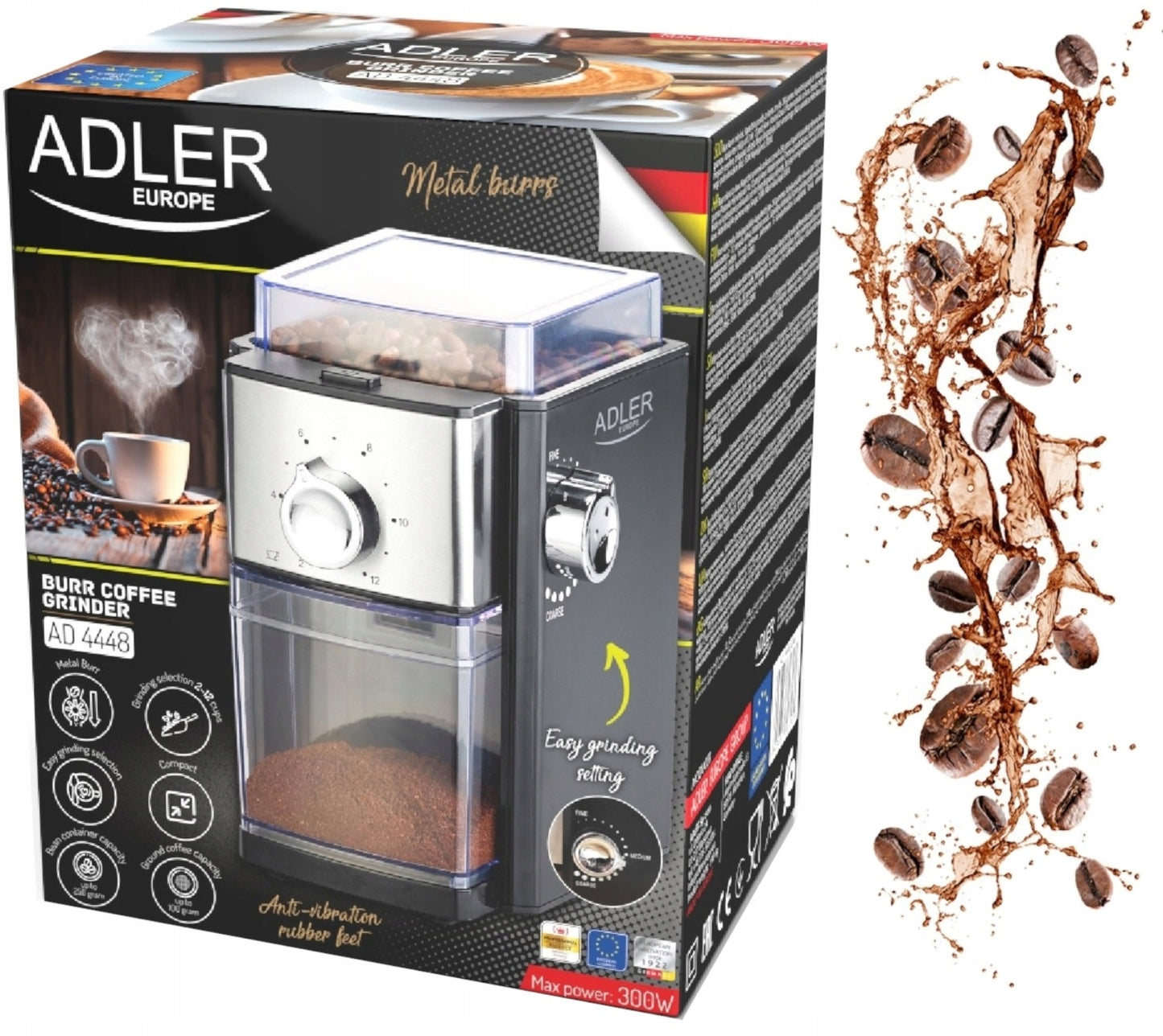 Kavos malūnėlis su girnomis 300W 250g 12 puodeliams su reguliuojamu malimo rupumu