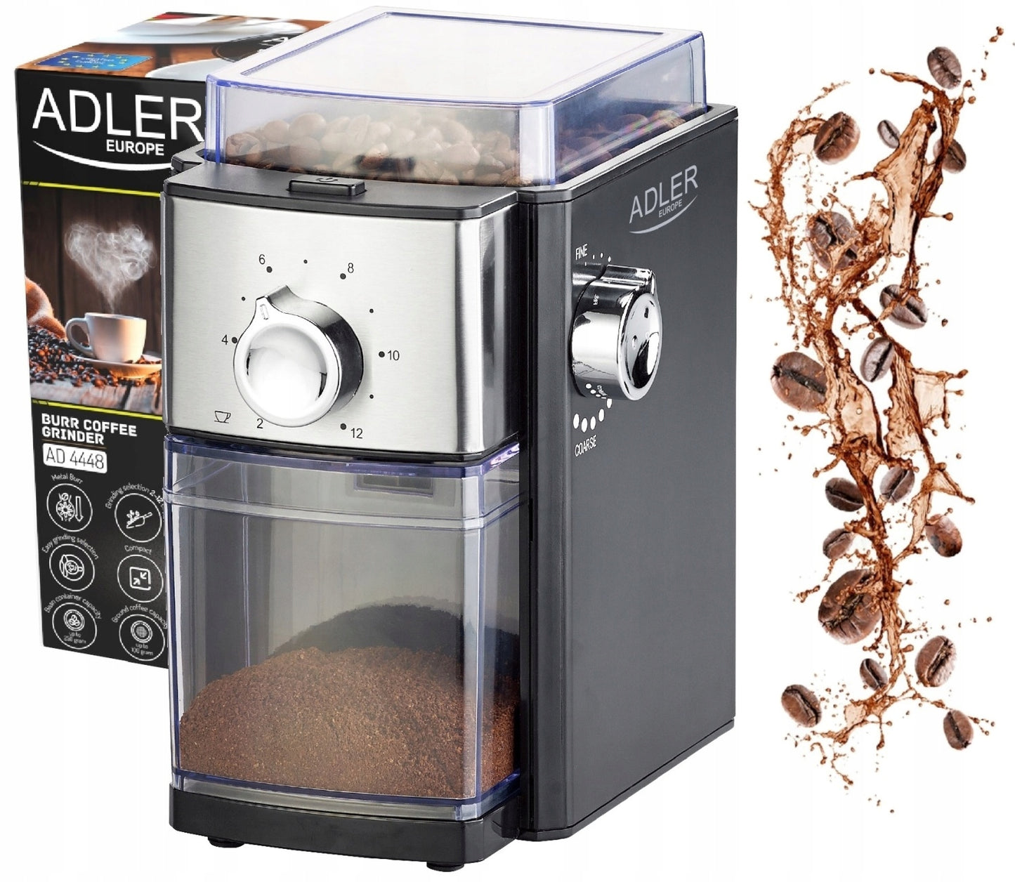 Kavos malūnėlis su girnomis 300W 250g 12 puodeliams su reguliuojamu malimo rupumu