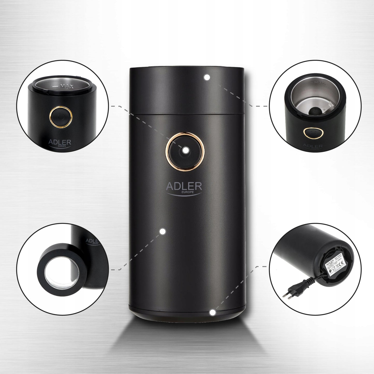 Elektrinis kavos malūnėlis 150W 75g plieniniai ašmenys juodos aukso spalvos