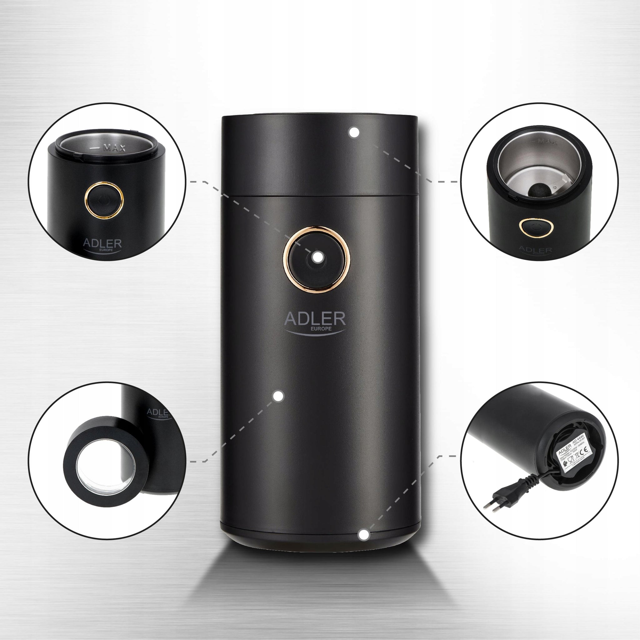 Elektrinis kavos malūnėlis 150W 75g plieniniai ašmenys juodos aukso spalvos