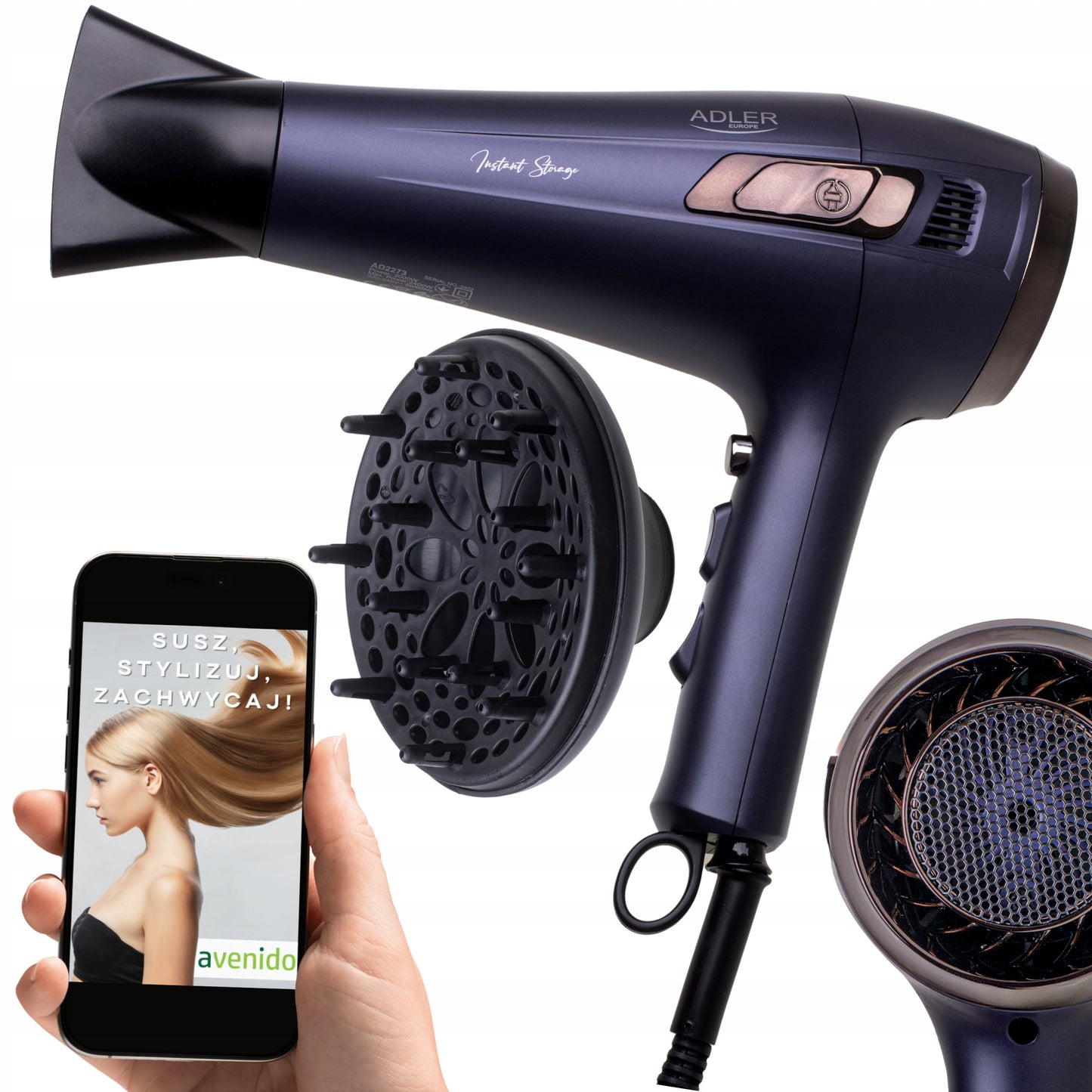 Galinga plaukų džiovintuvė Adler 2400W su susukamu laidu + difuzorius + šaltas pūtimas