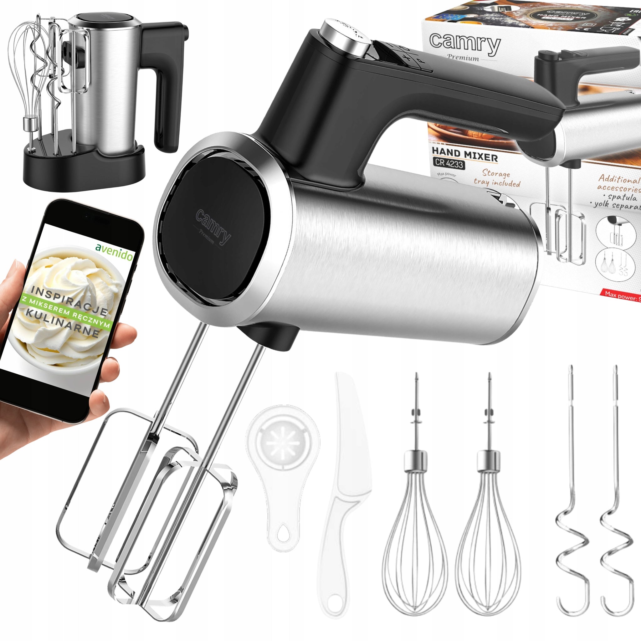 Galingas virtuvinis rankinis maišytuvas 900W, 5 greičių, su 6 antgaliais, švelnus paleidimas