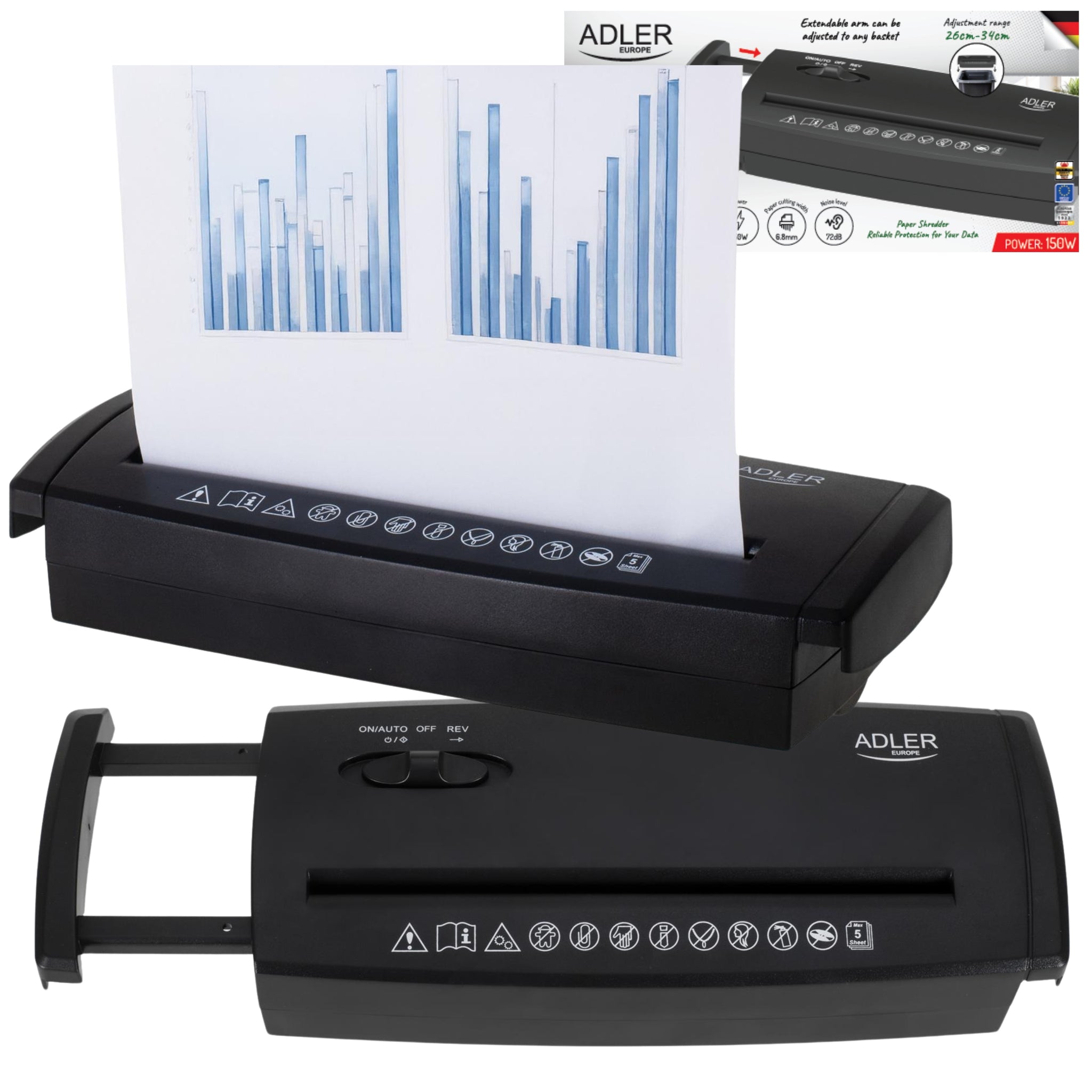 Biuro dokumentų smulkintuvas, tvirtinamas ant viršaus, popieriui, saugumo lygis P1