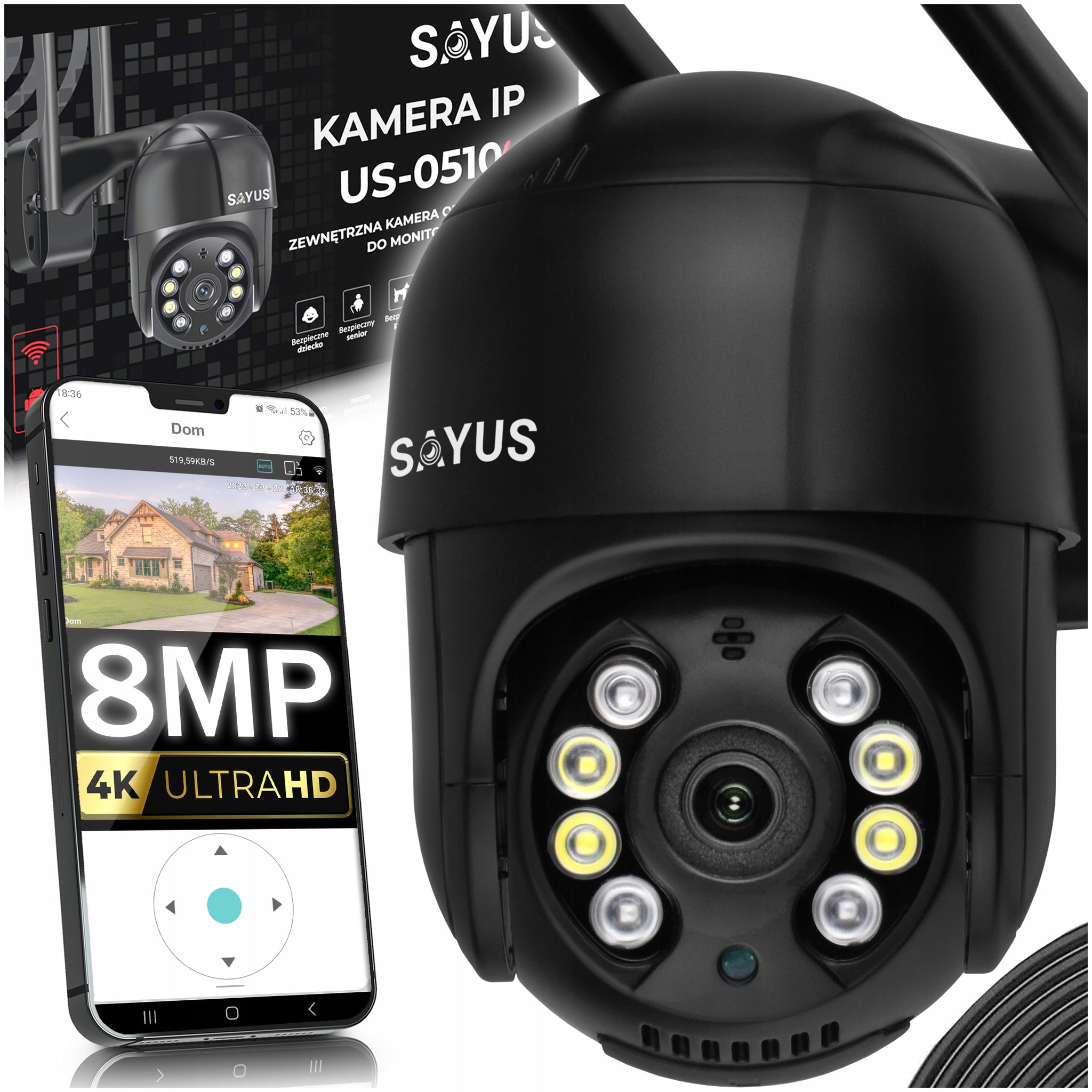 Sukama lauko kamera 8MP IP WiFi 4K ULTRA HD su priartinimu (zoom) ir judesio aptikimu 8MPx