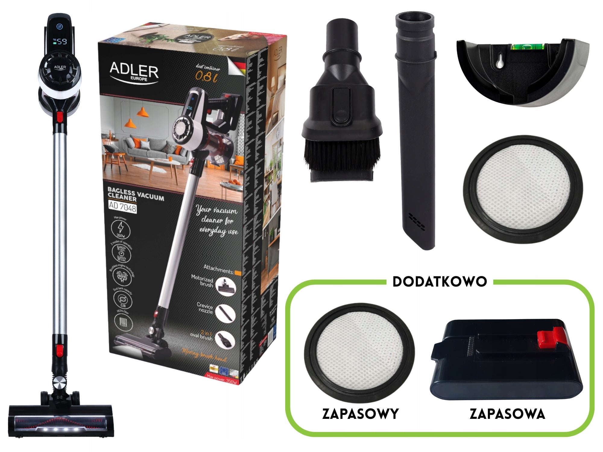 Belaidis vertikalus rankinis dulkių siurblys 3in1, be maišelio, su elektriniu šepečiu, 350W