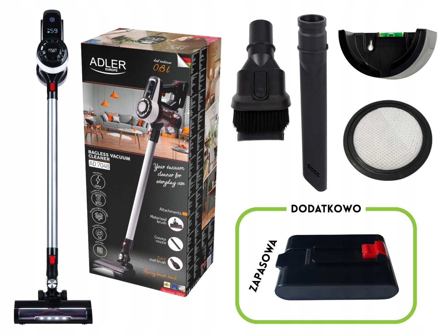 Belaidis vertikalus rankinis dulkių siurblys 3in1, be maišelio, su elektriniu šepečiu, 350W