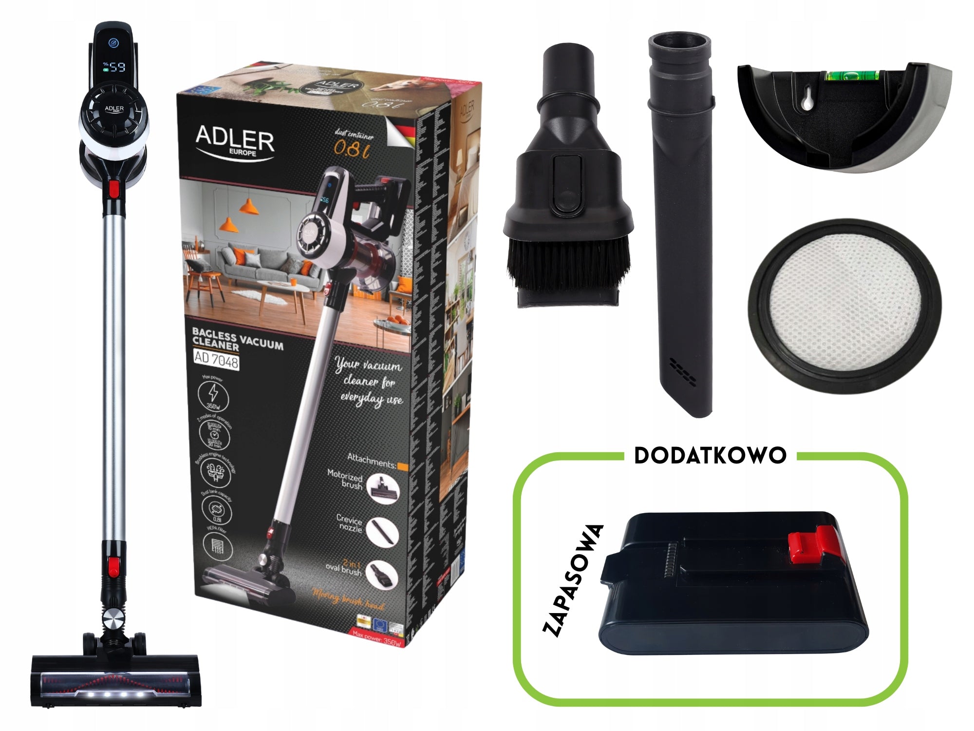 Belaidis vertikalus rankinis dulkių siurblys 3in1, be maišelio, su elektriniu šepečiu, 350W