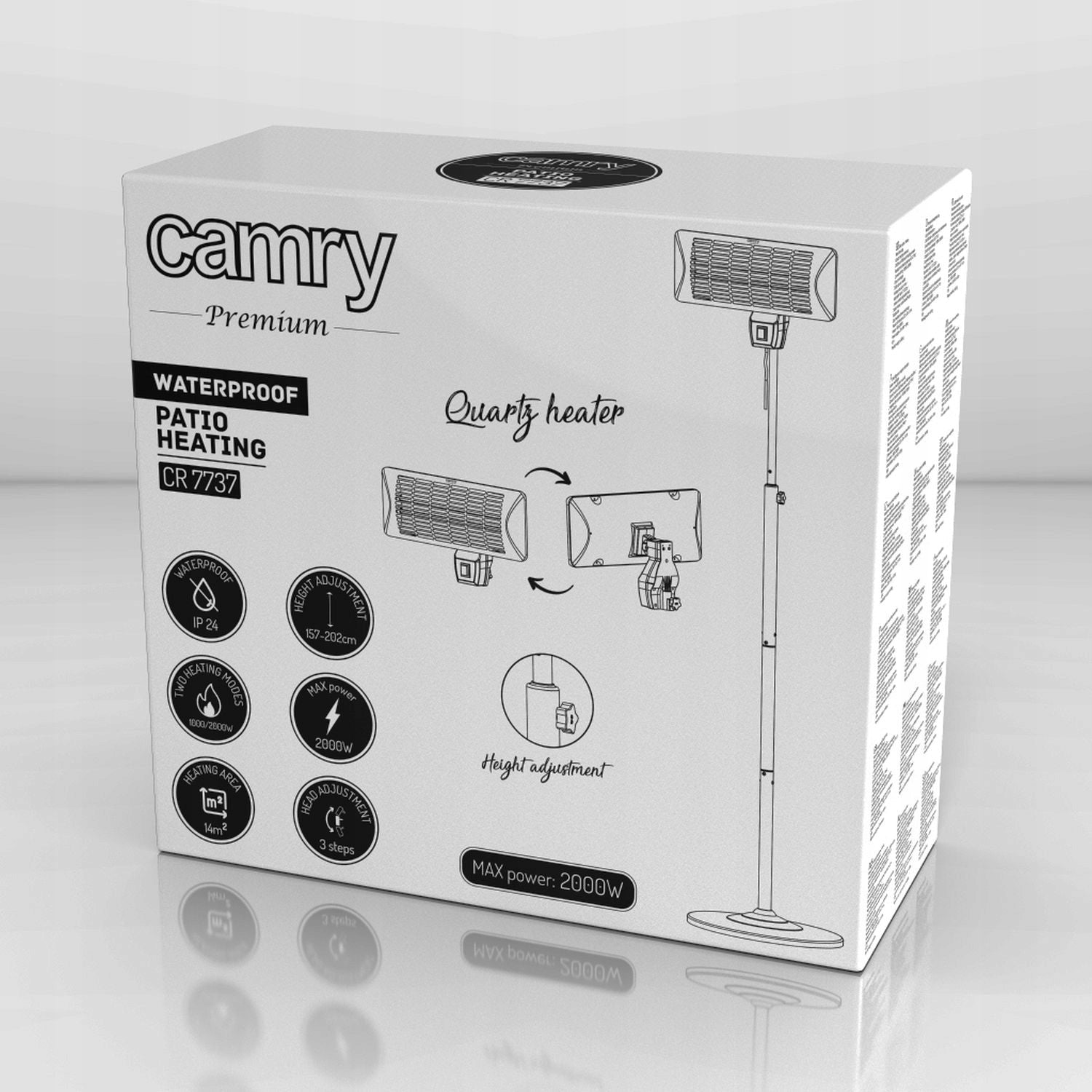 Stojantis šildytuvas IP24 terasai, pavėsinei, balkonui Camry CR 7737 202cm 2000W