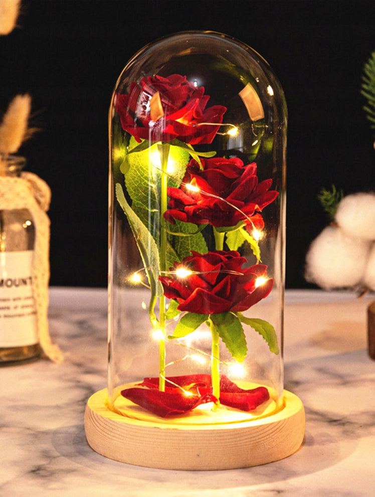 GRAŽI DIRBTINĖ AMŽINA ROŽĖ 3 RÓŽĖS STIKLINĖJE DĖŽUTĖJE, DOVANA DAILUGAI