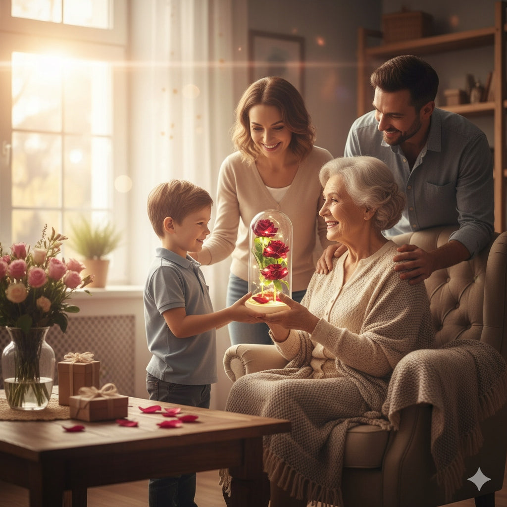 GRAŽI DIRBTINĖ AMŽINA ROŽĖ 3 RÓŽĖS STIKLINĖJE DĖŽUTĖJE, DOVANA DAILUGAI