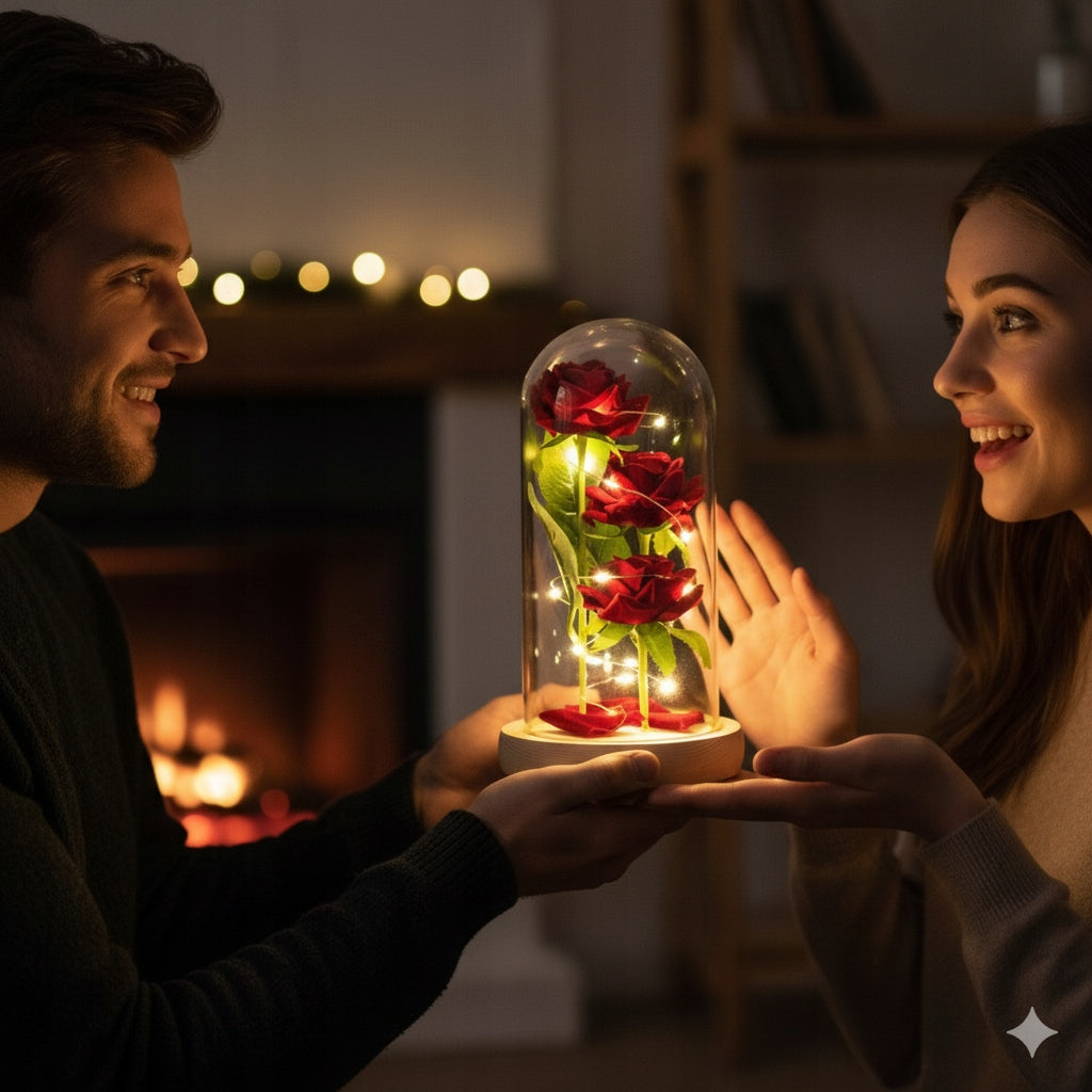 GRAŽI DIRBTINĖ AMŽINA ROŽĖ 3 RÓŽĖS STIKLINĖJE DĖŽUTĖJE, DOVANA DAILUGAI